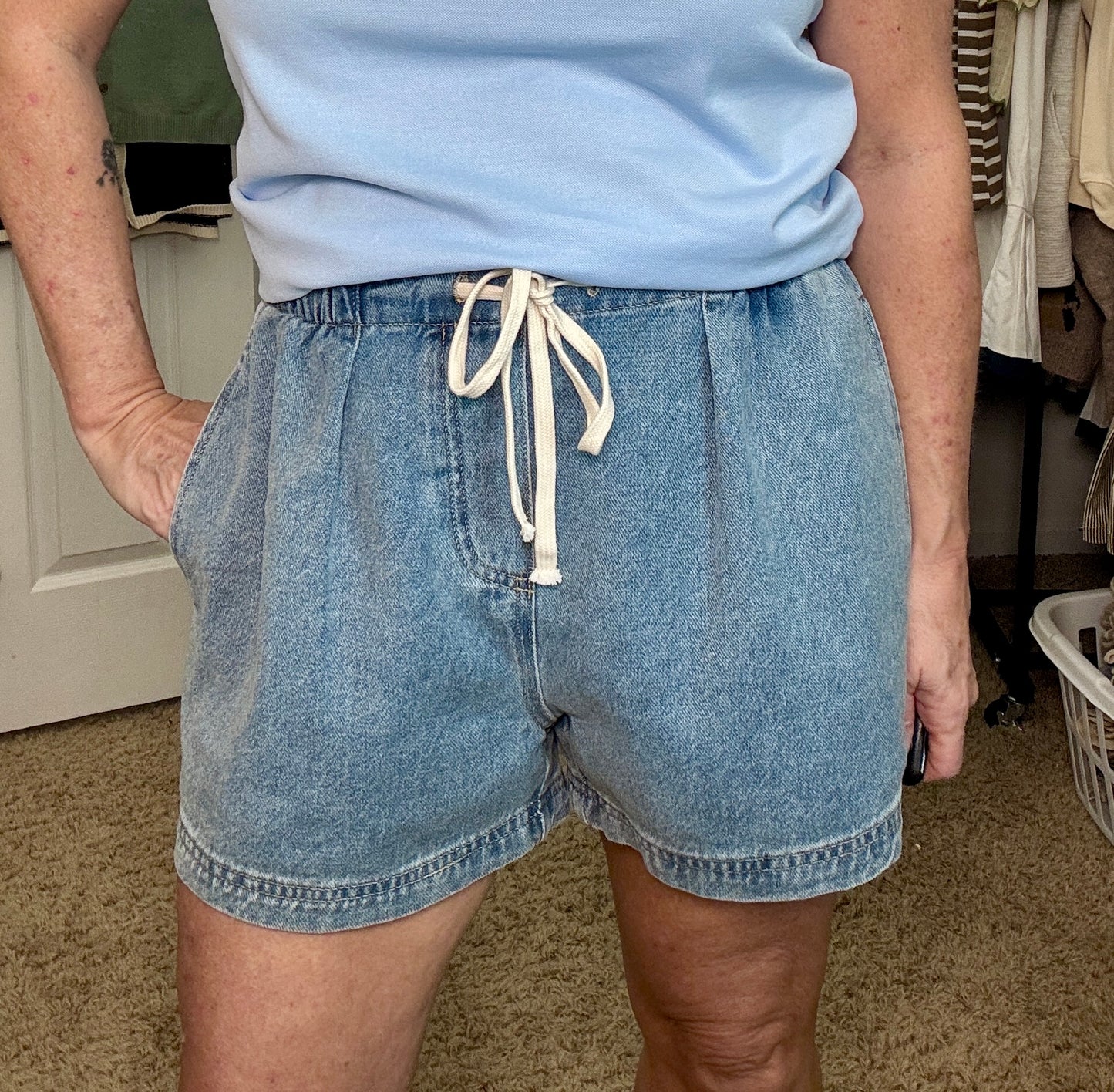 Woven Denim Washed Cotton Relax Fit Wide Leg Shorts