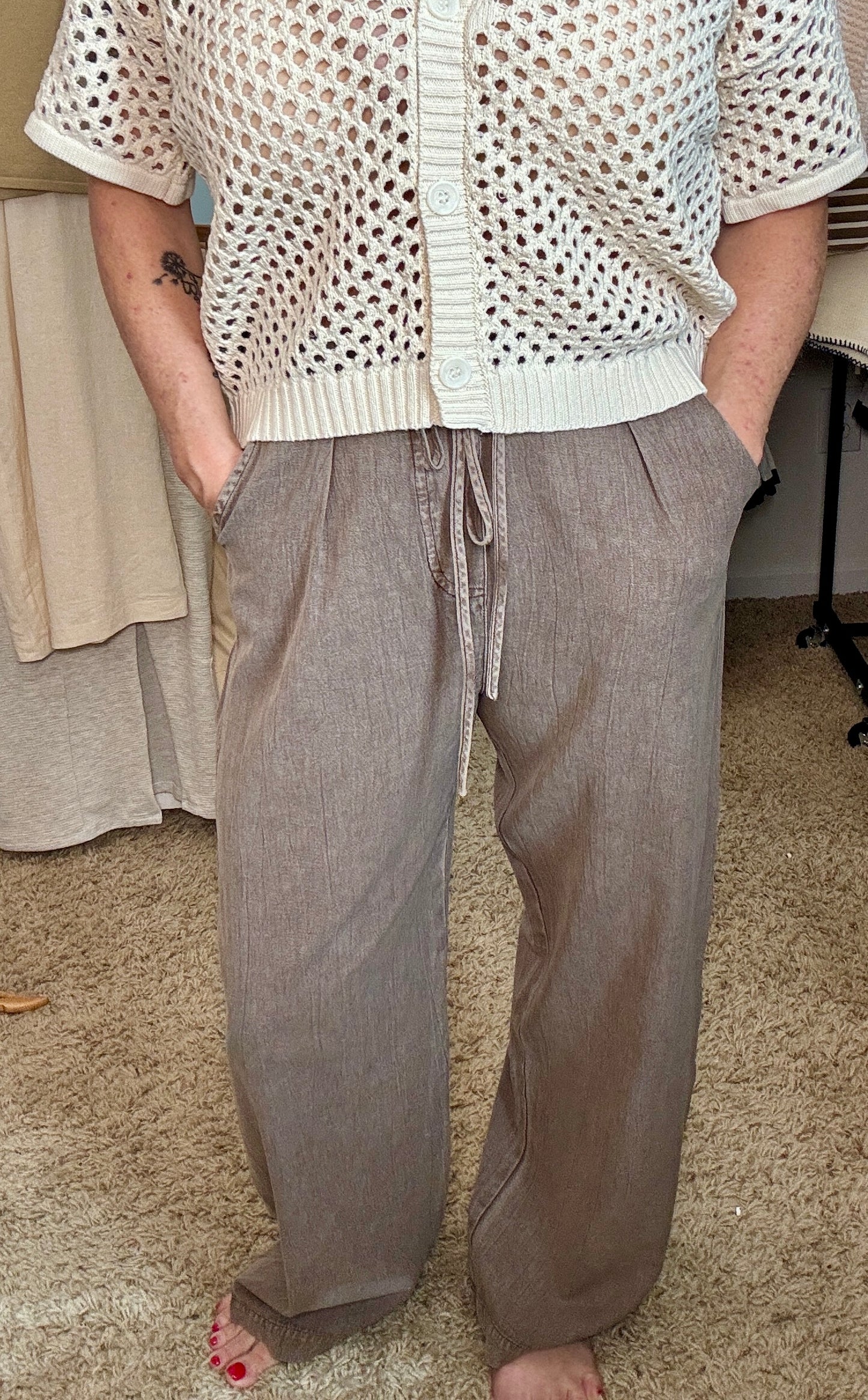 Garment-Dyed and Washed Tie-Waist Pant