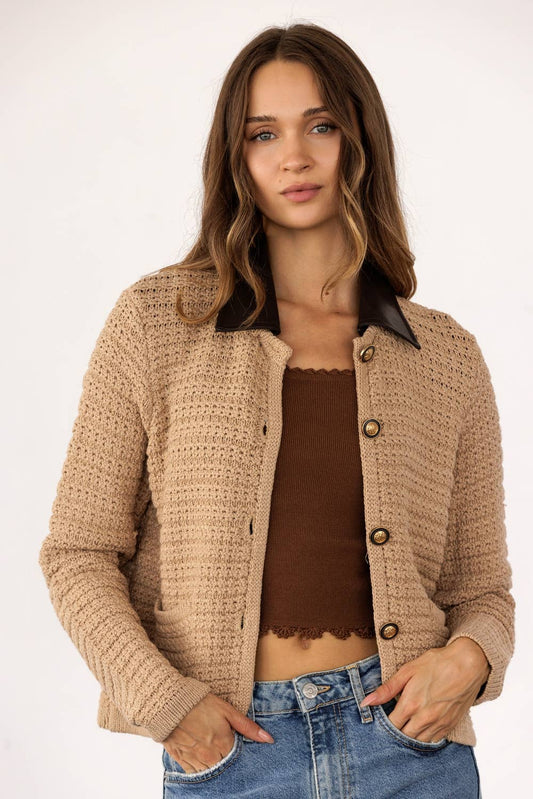Detachable Collar Textured Knit Cardigan