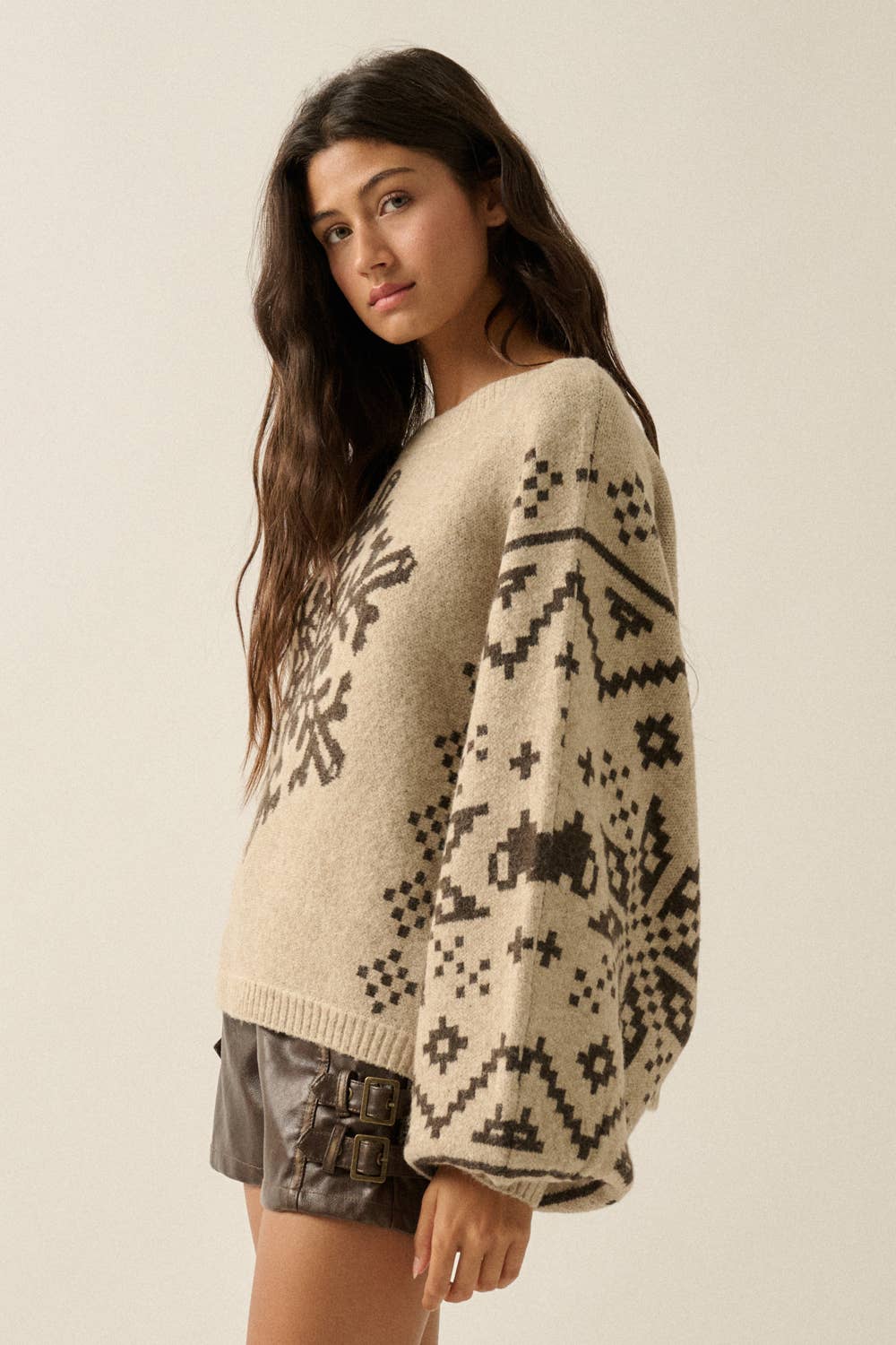Snowflake Nordic Jacquard-Knit Dolman-Sleeve Sweater- Red and Sand