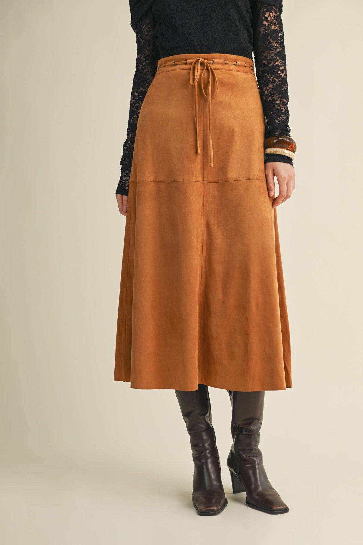 Drawstring Waist Sueded A-Line Skirt