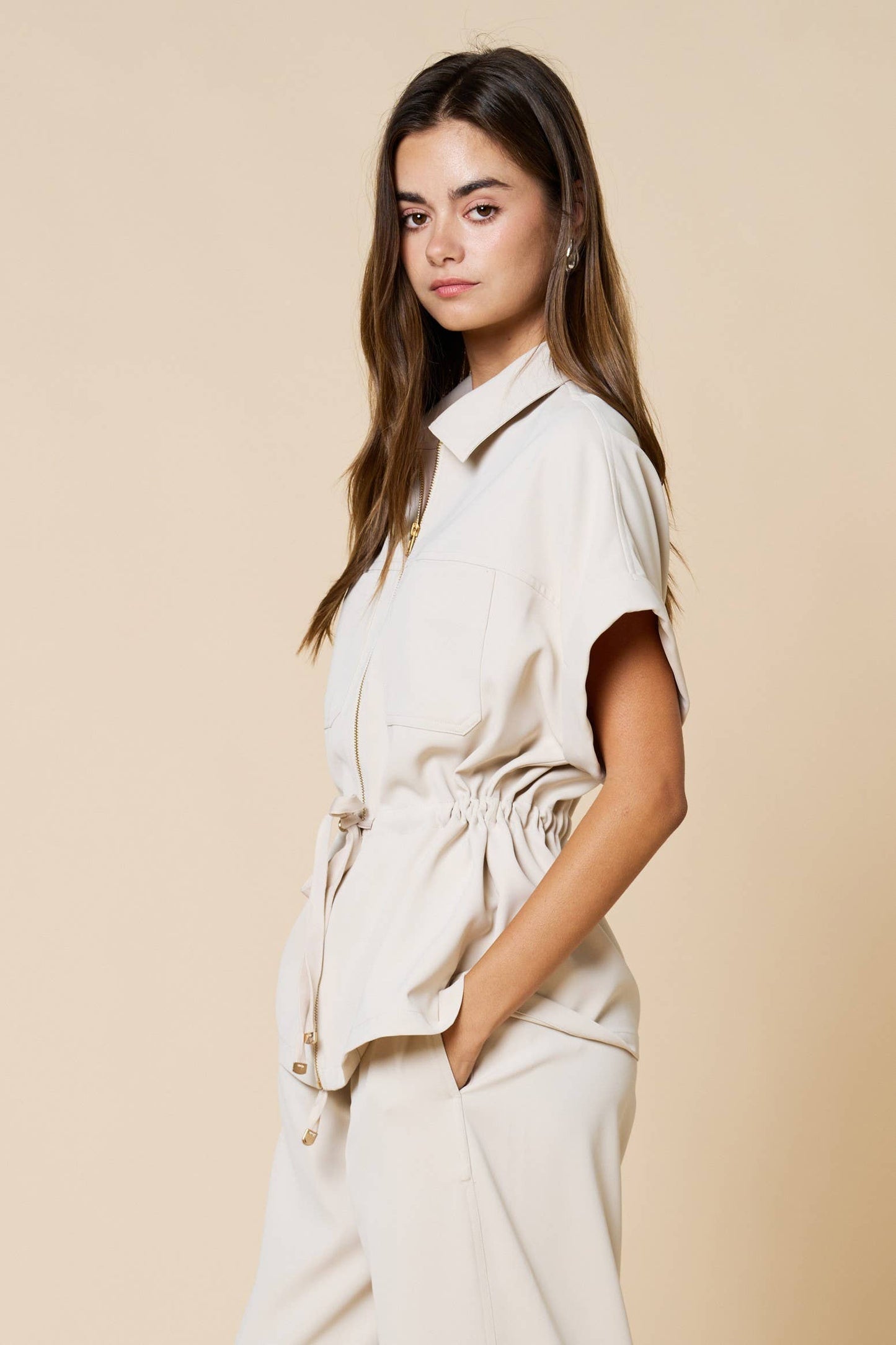 Front Zipper Drawstring Blouse