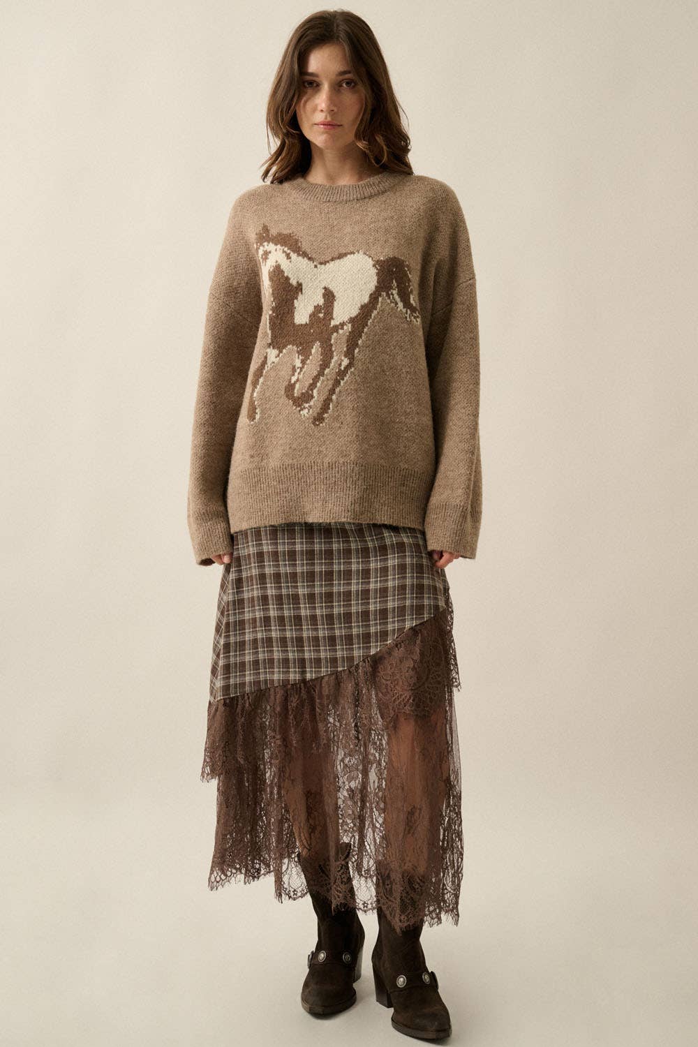 Horse Jacquard-Knit Loose-Fit Drop-Shoulder Sweater