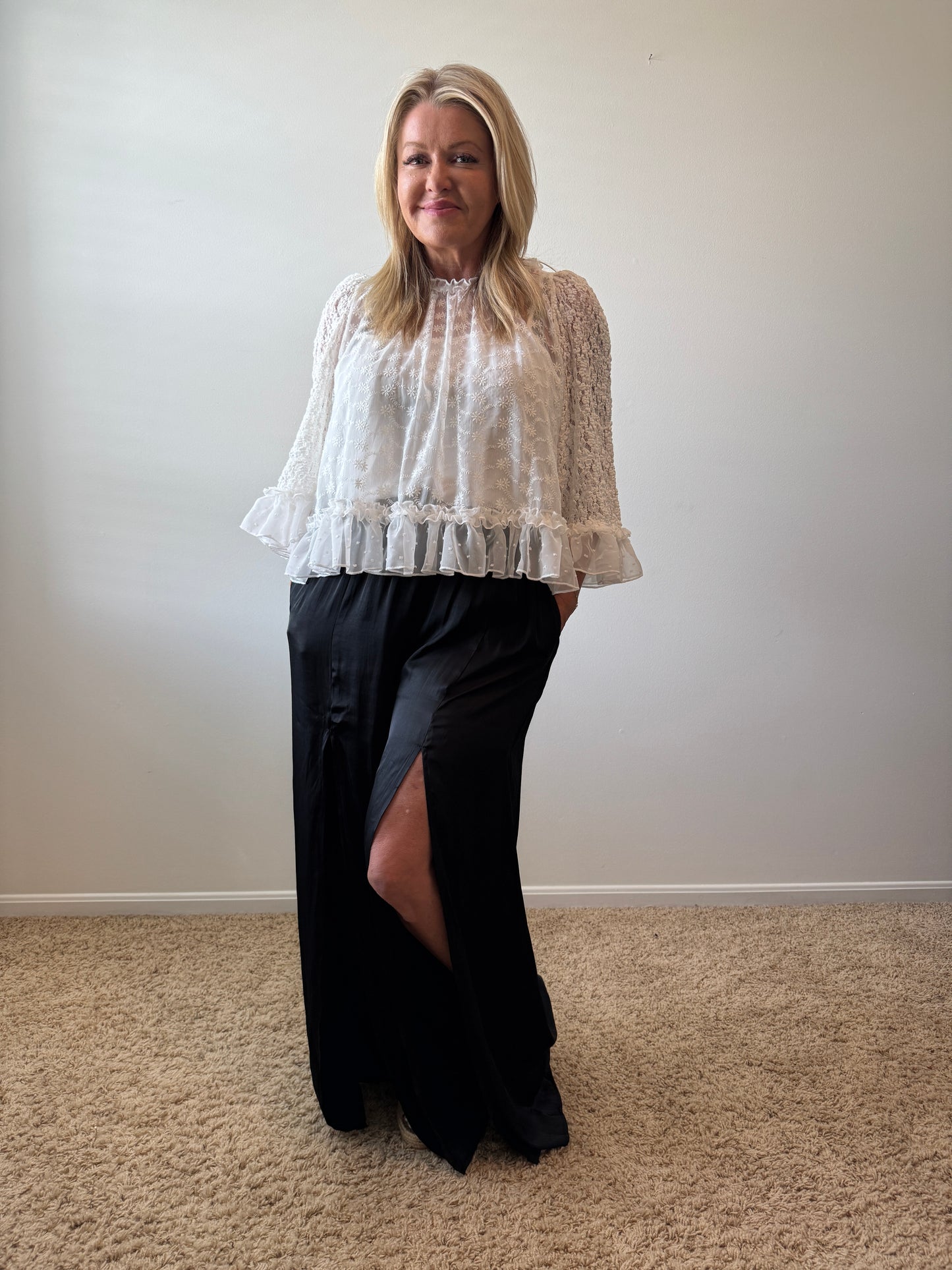Satin High Waisted Trousers With Front Silt