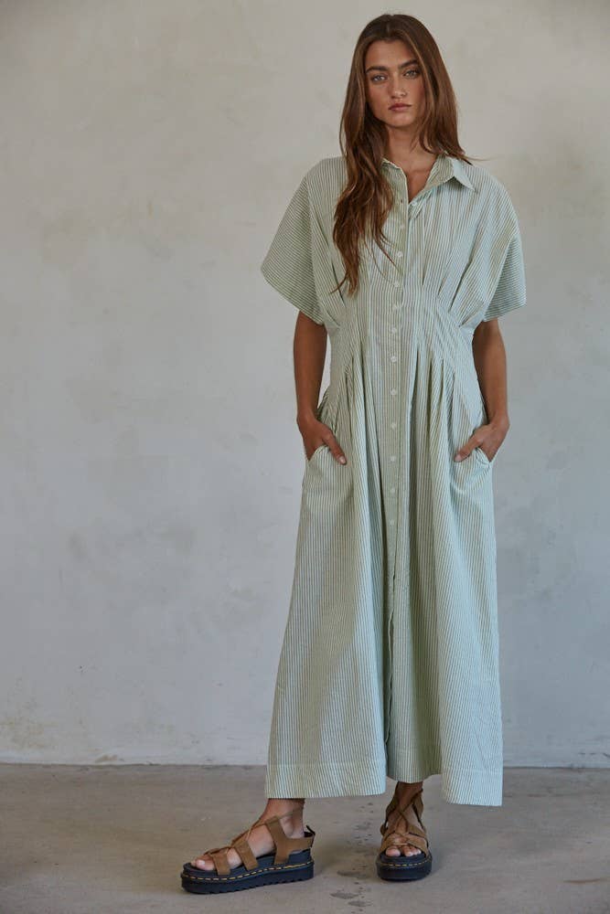 Woven Cotton Polyester Striped Pleated Flare Dress