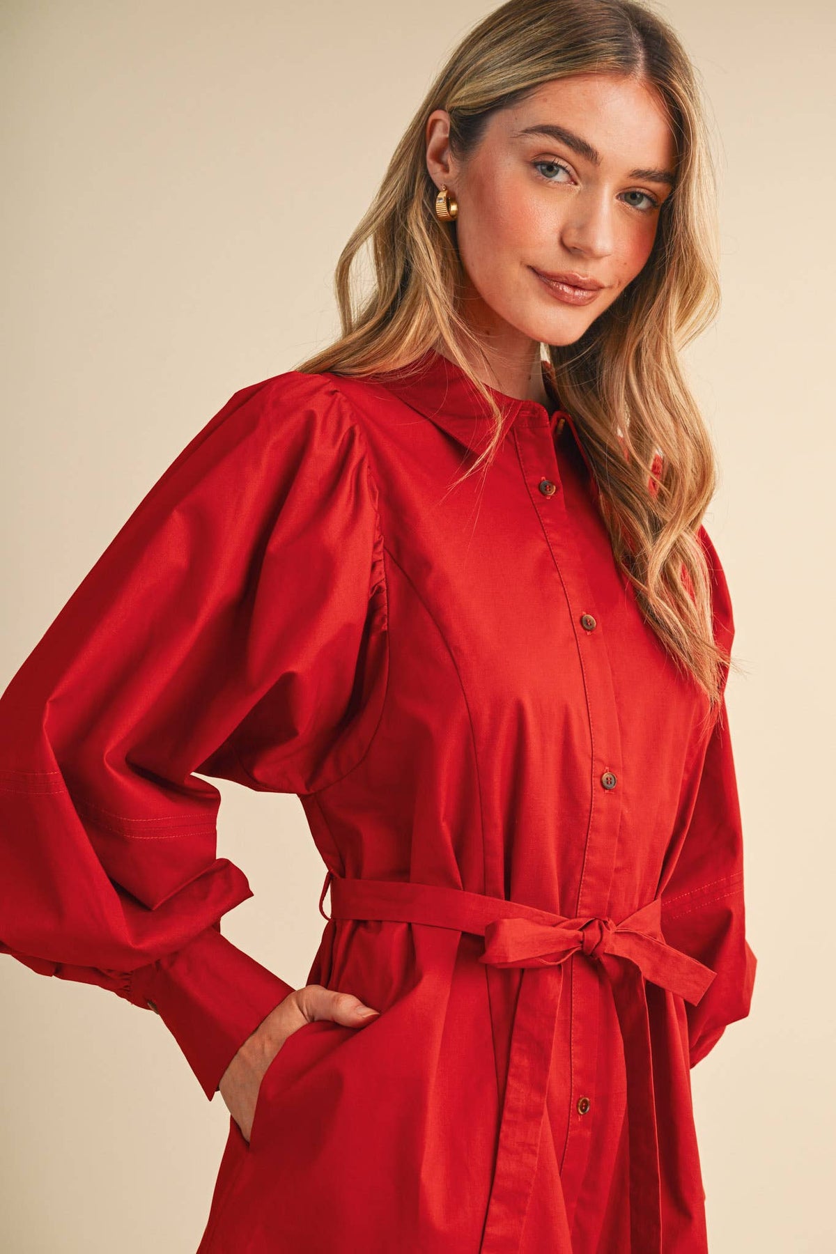 Button Down Belted Mini Dress- Off White or Red