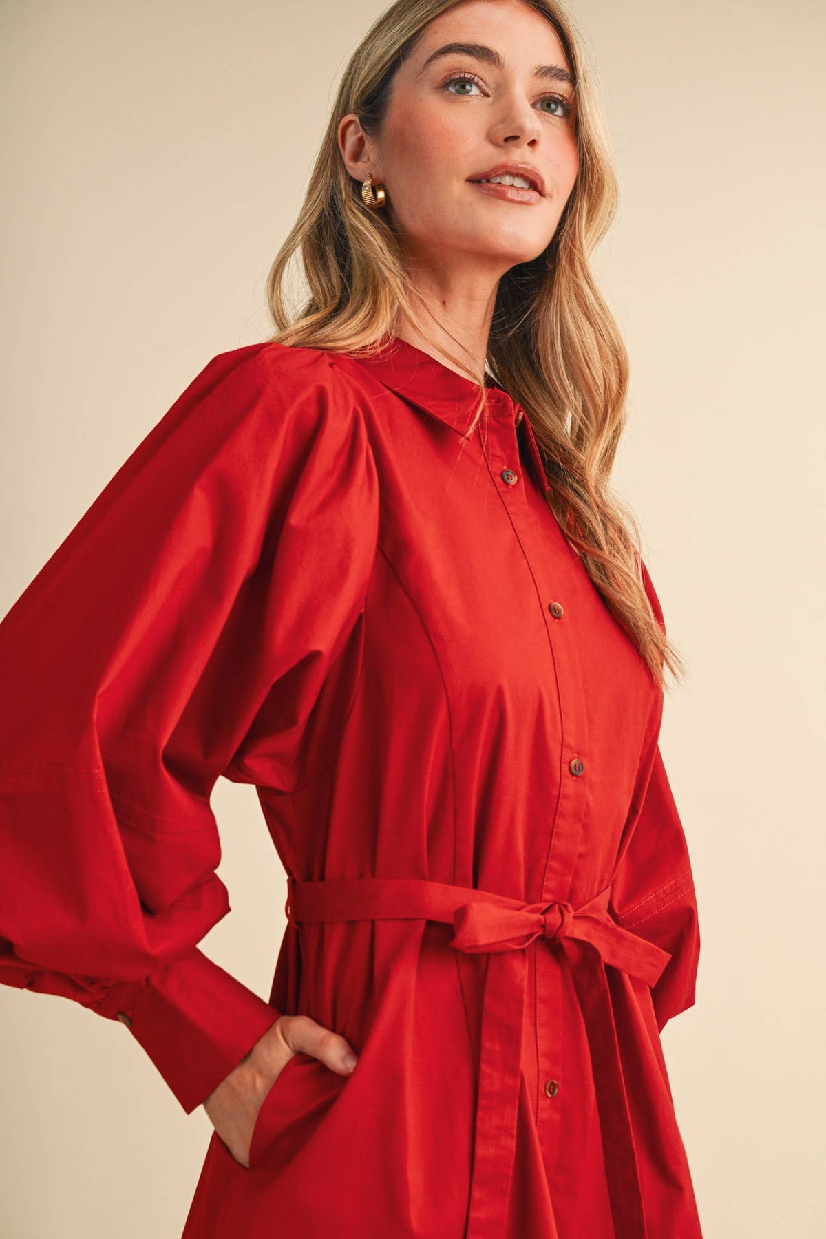 Button Down Belted Mini Dress- Off White or Red
