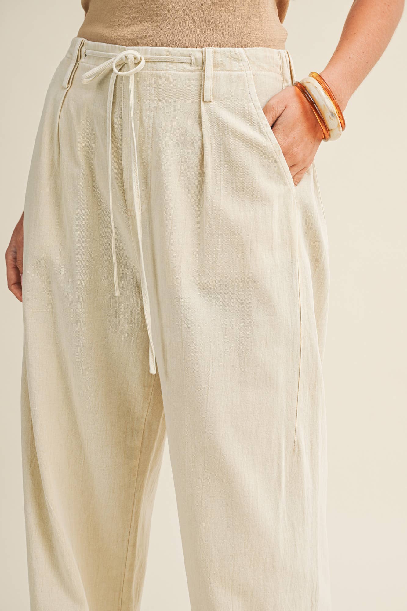 Pleated Drawstring Waist Wide-Leg Dyed Pant