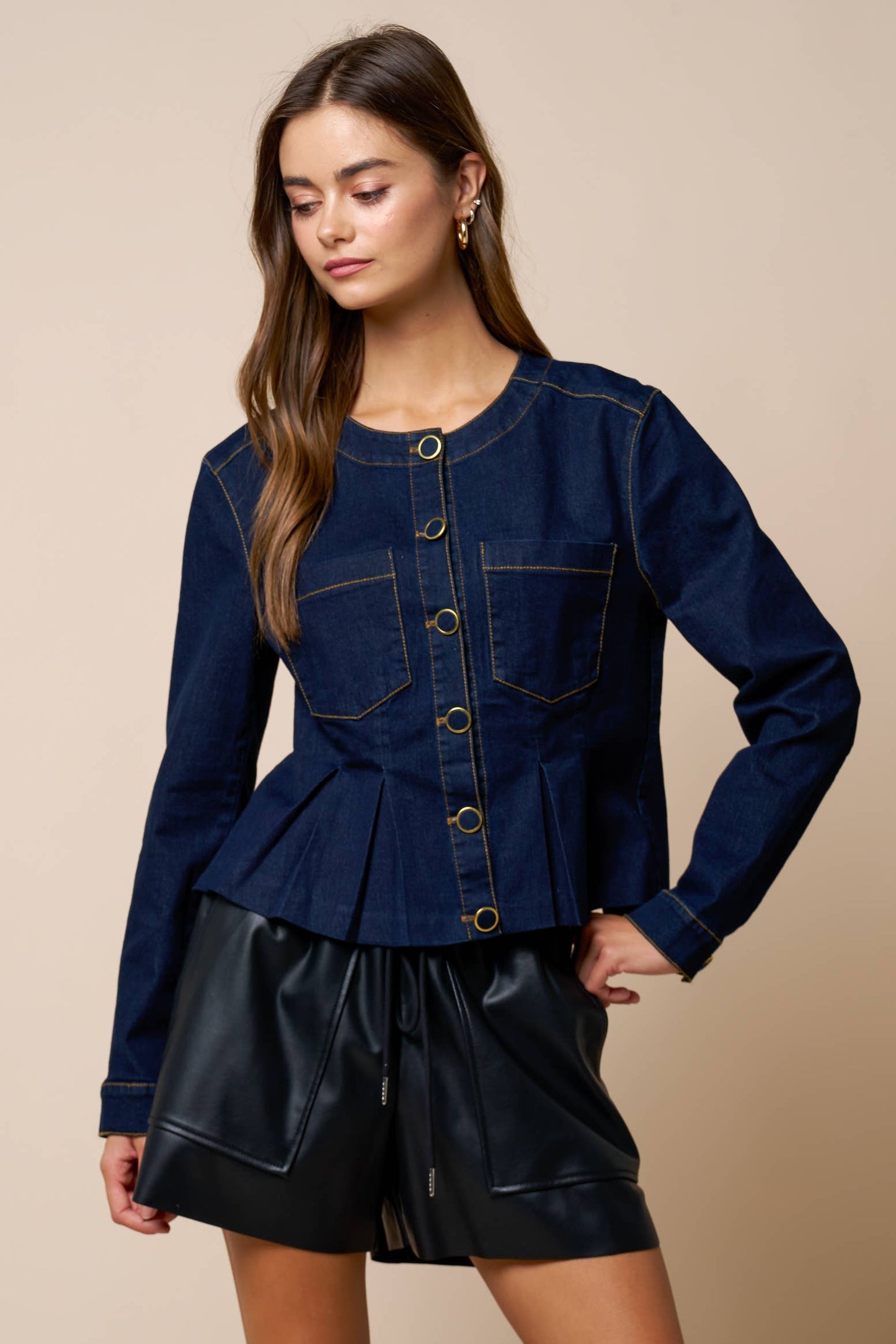 Denim Pleated Peplum Button Down Jacket
