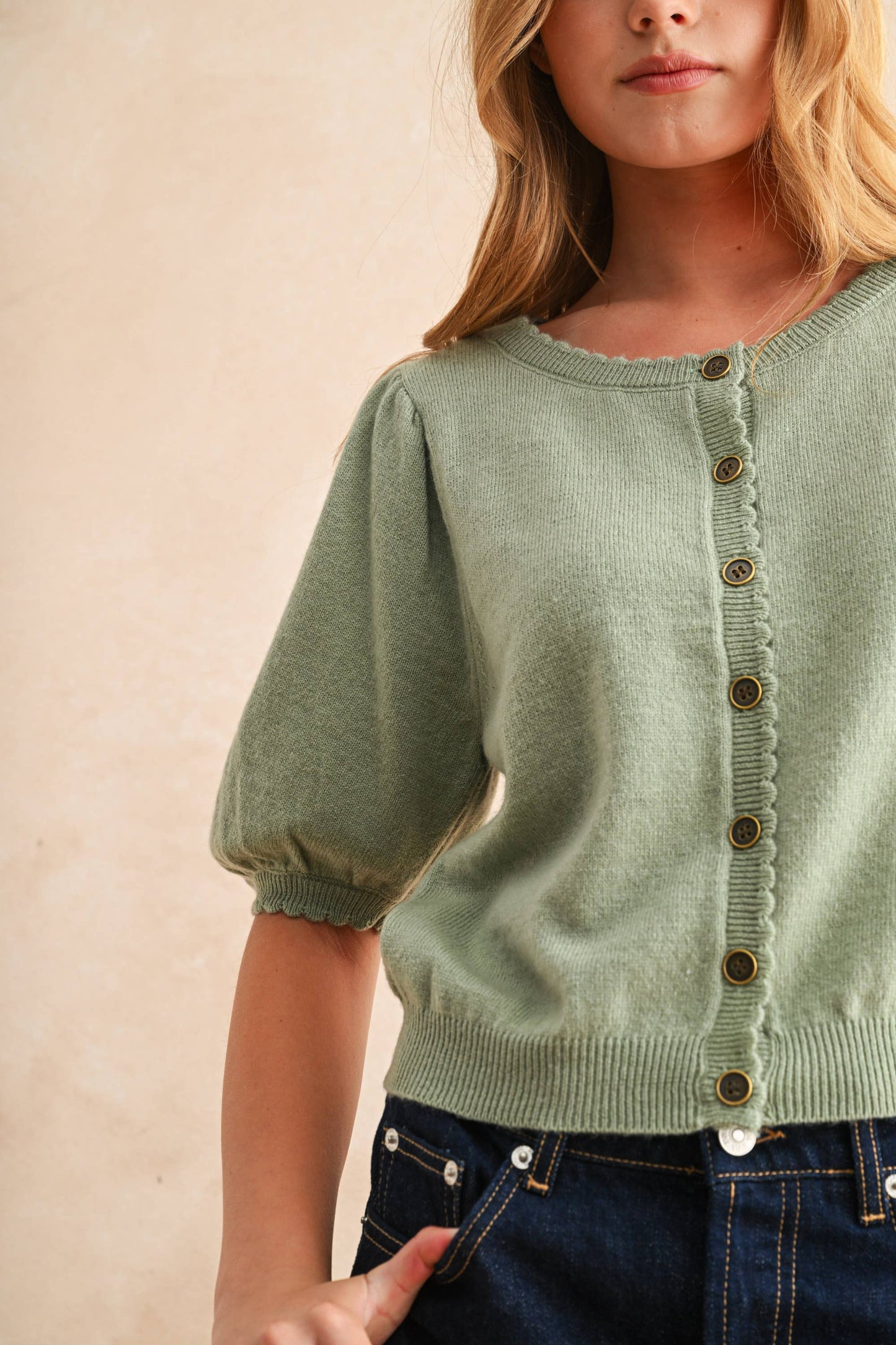 Puff Short Sleeve Button Down Knit Cardigan