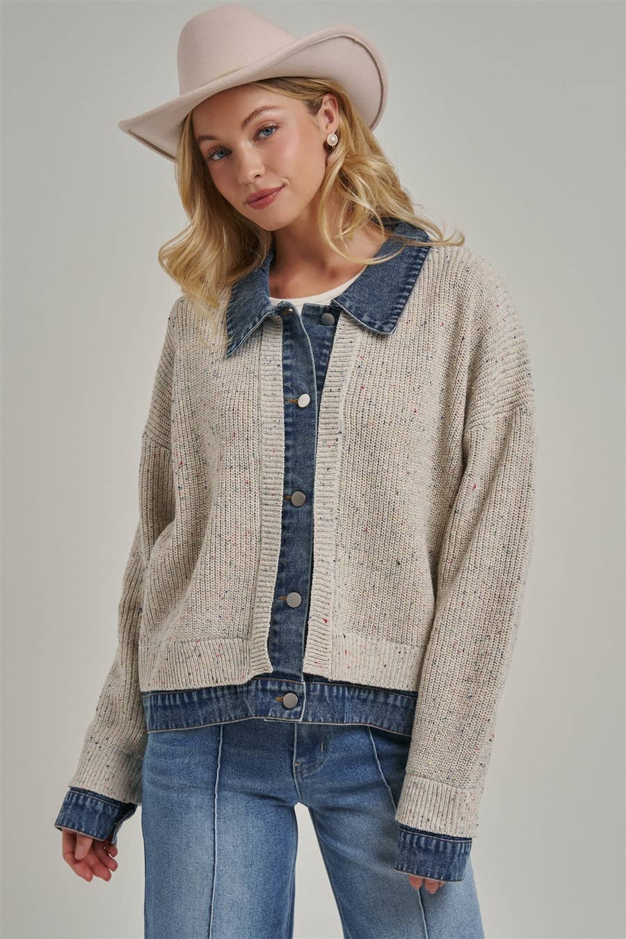 Sweater Jacket with Denim Trim