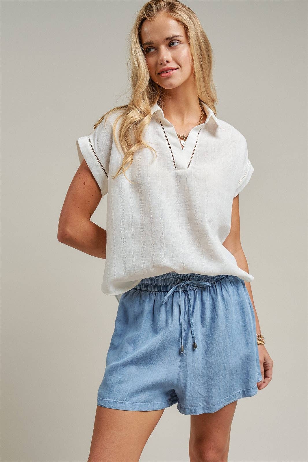 Linen-Inspired Ladder Trim Polo Top