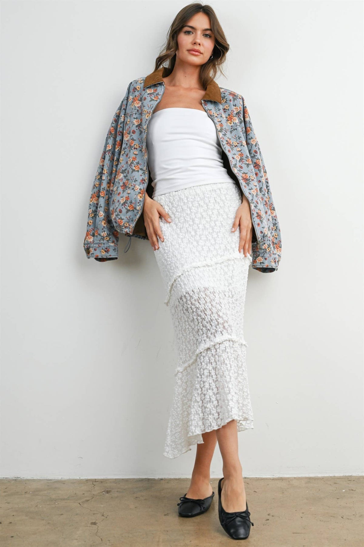 Floral Print Corduroy Collar Jacket