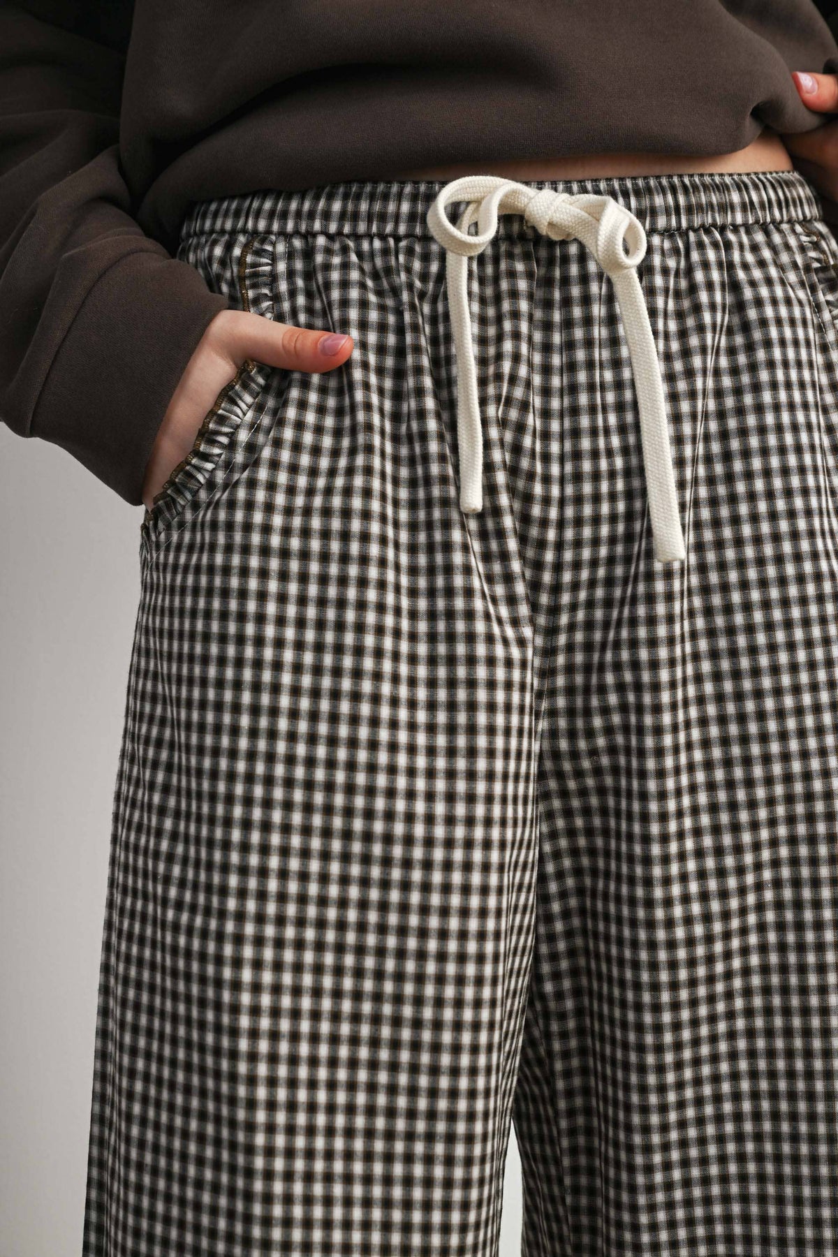 Gingham Ruffle Hem Wide Leg Pants