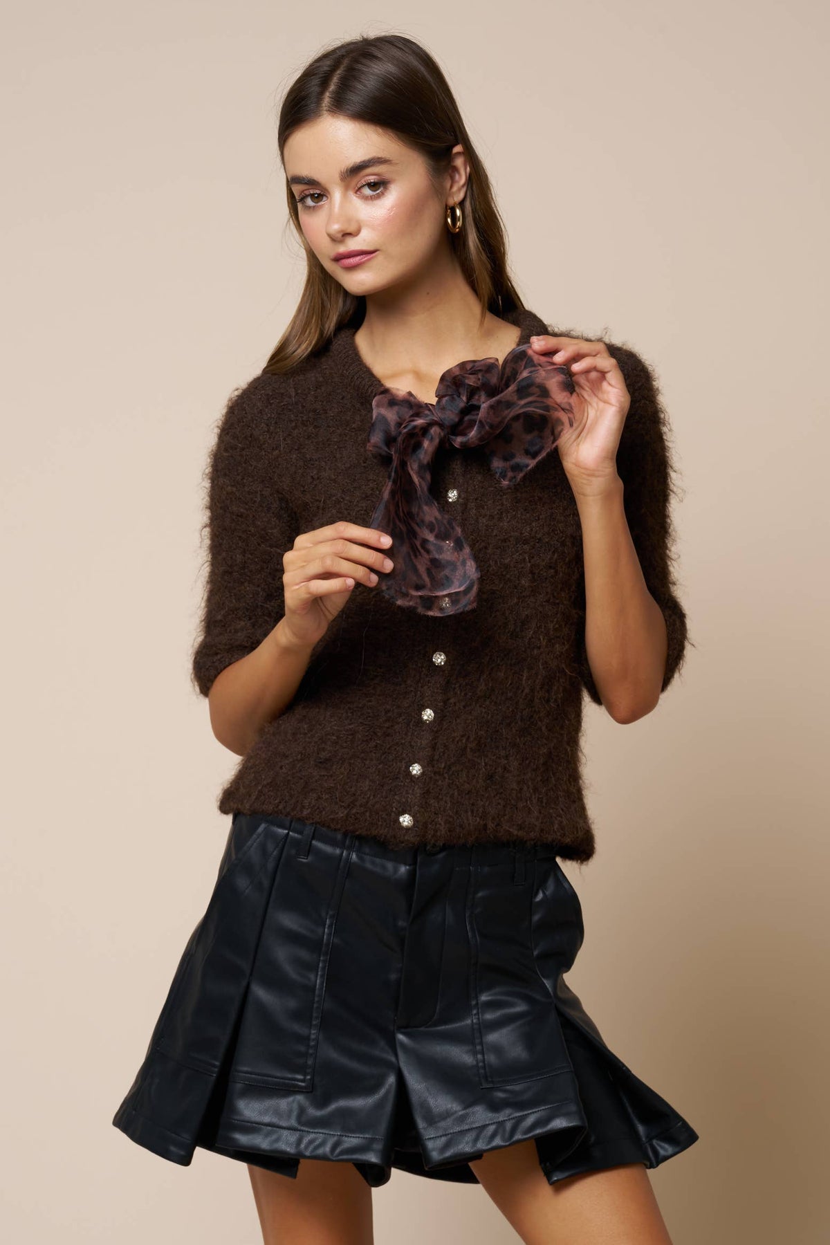 Leopard Scarf Tie Button-Down Sweater Top