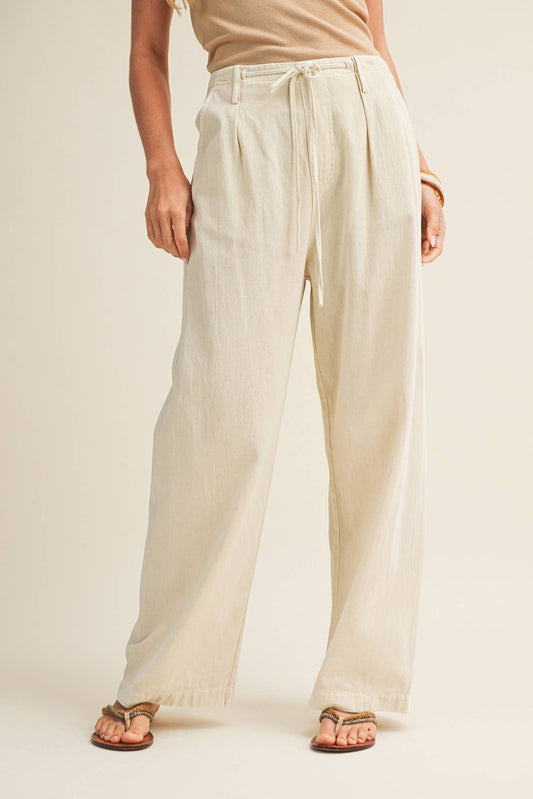 Pleated Drawstring Waist Wide-Leg Dyed Pant