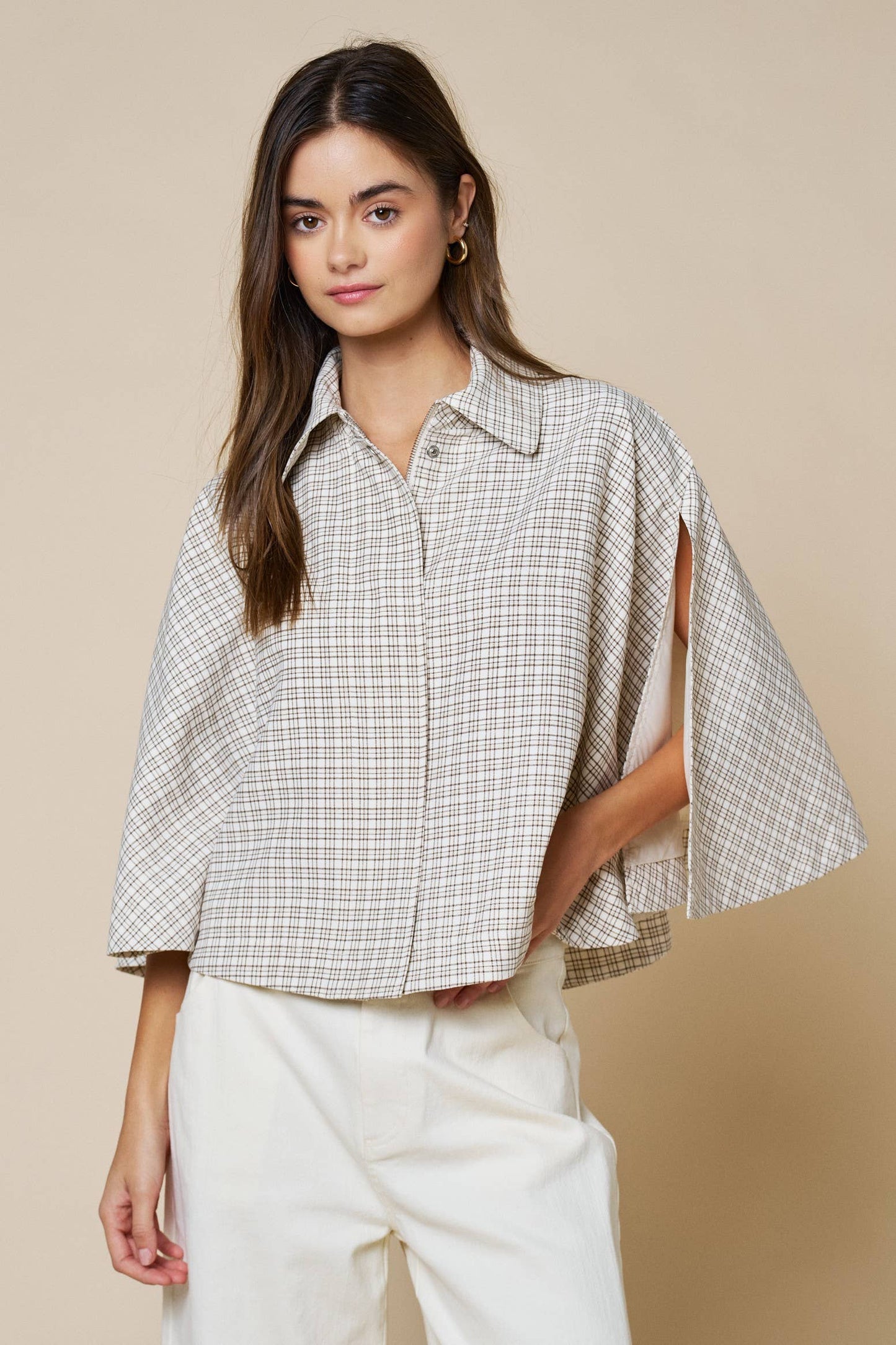 Plaid Collared Poncho Button Down Top