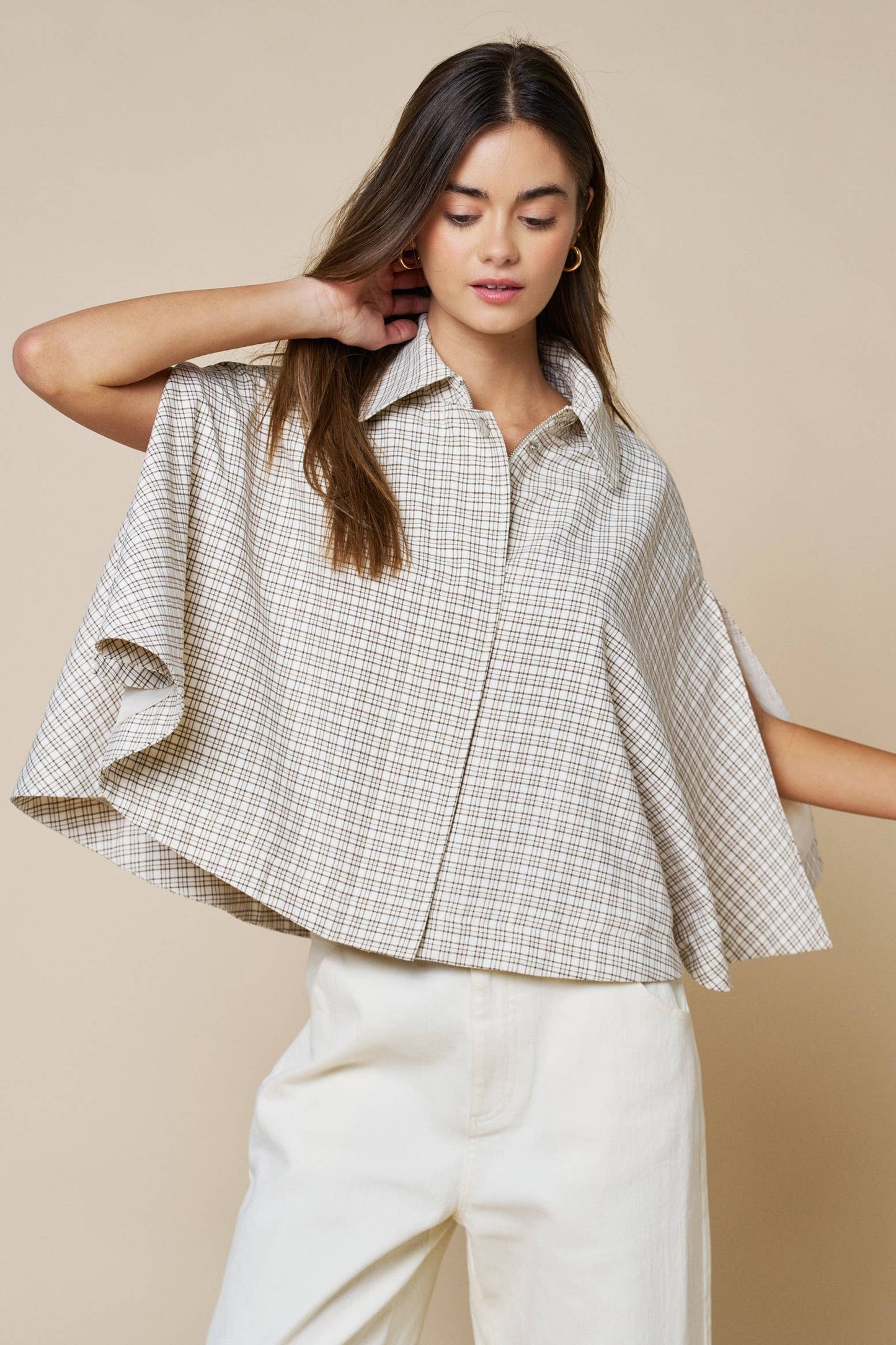 Plaid Collared Poncho Button Down Top