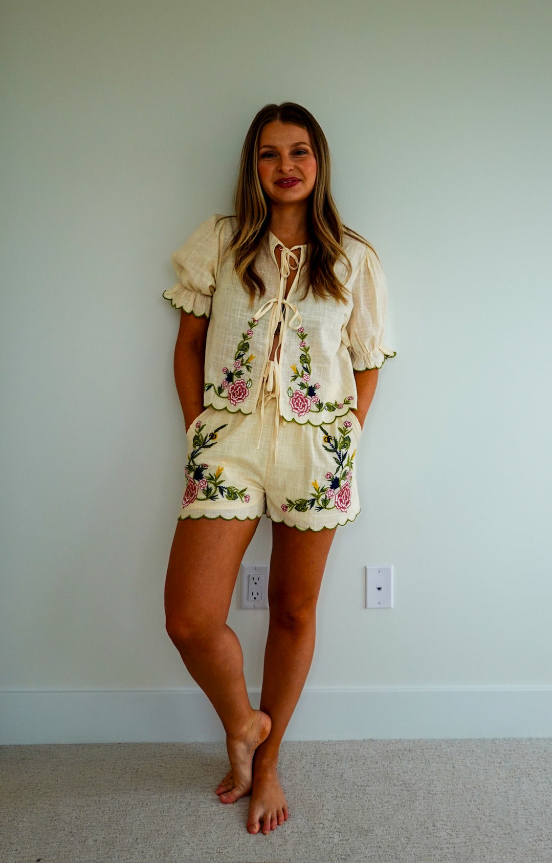 Embroidered Open Front Tied Top