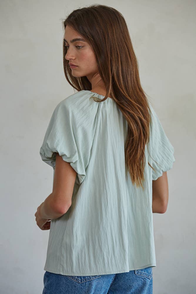 Woven Cotton Nylon Balloon Short Sleeve Top