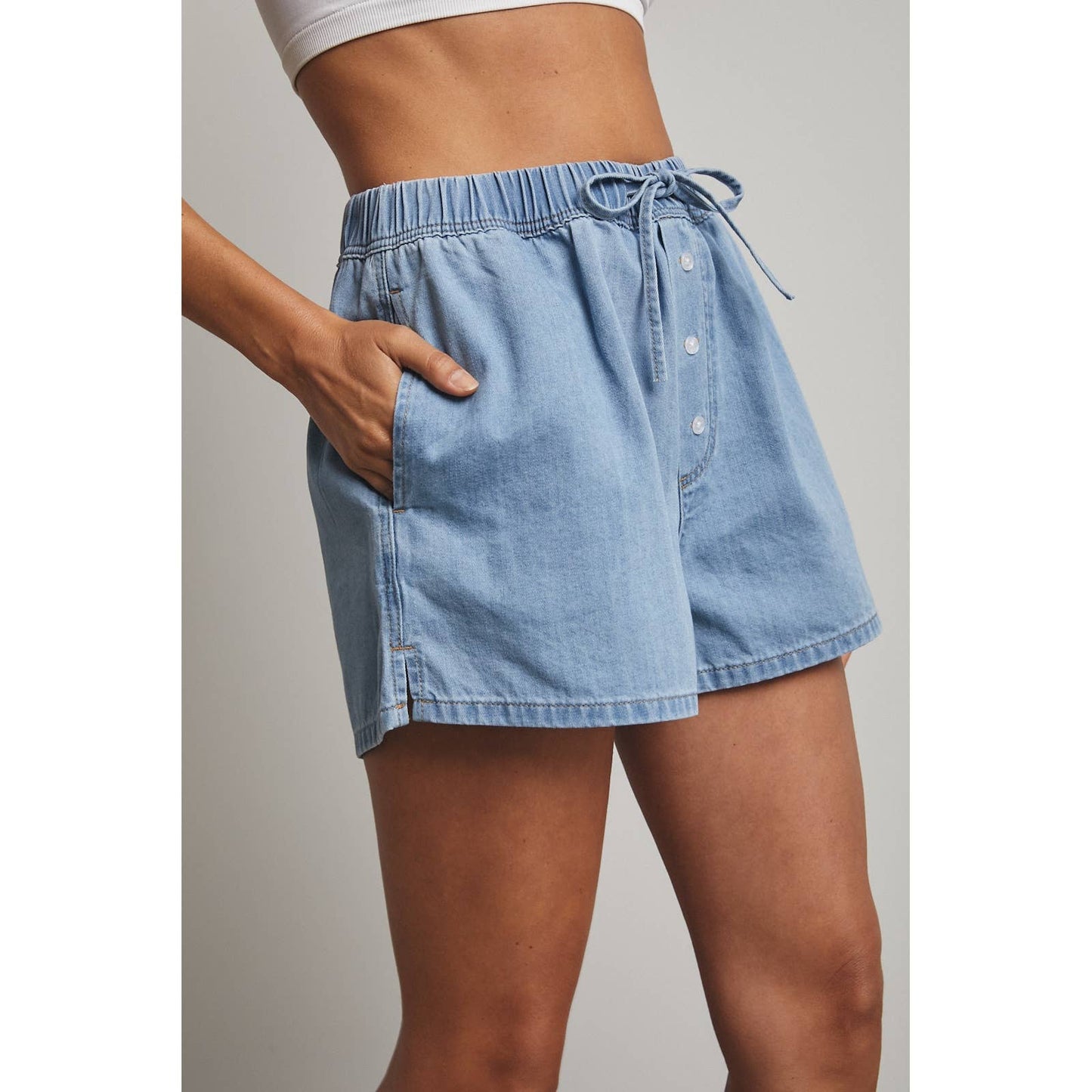 Button Front Drawstring Washed Denim Shorts