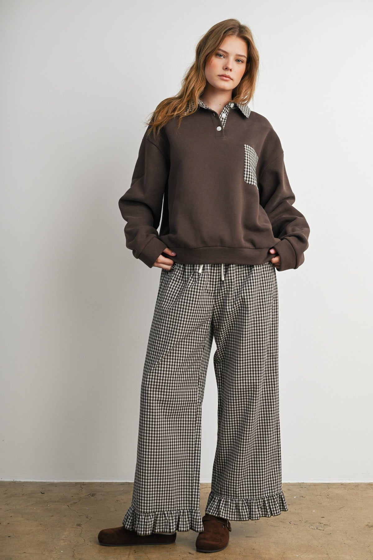 Gingham Ruffle Hem Wide Leg Pants