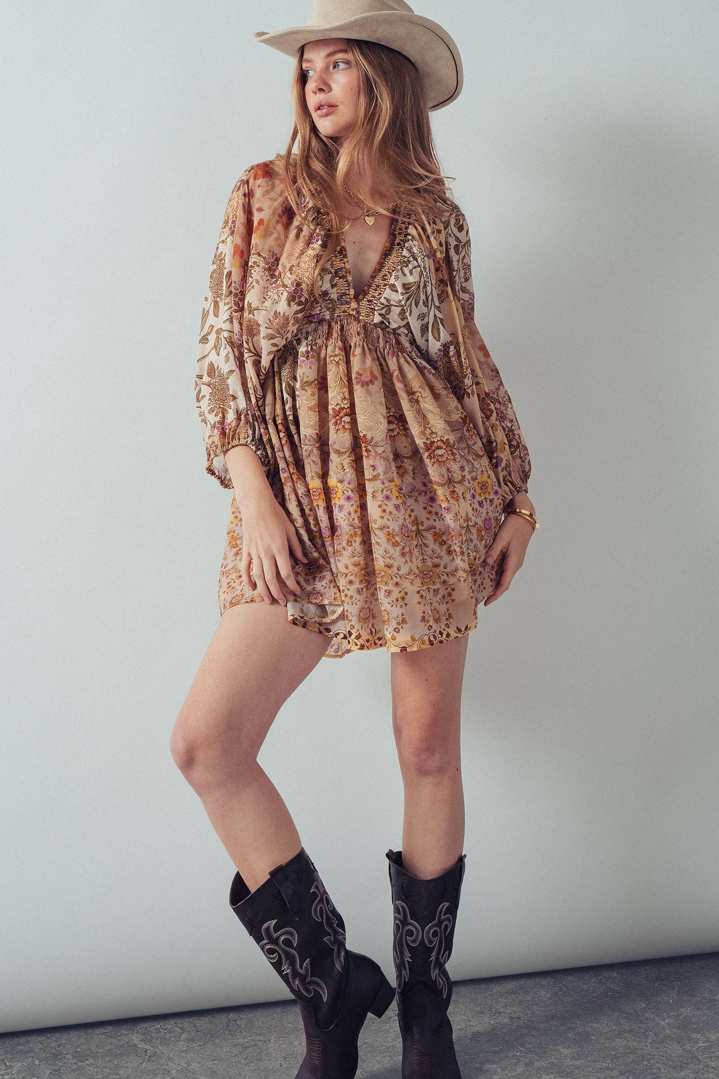 Mixed-Print Boho Smocked Waist Mini Dress