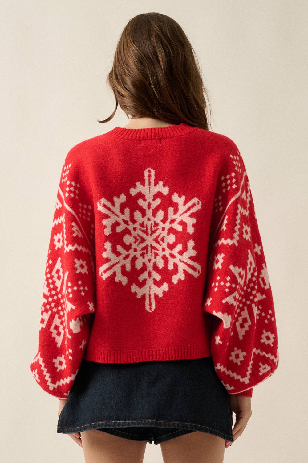 Snowflake Nordic Jacquard-Knit Dolman-Sleeve Sweater- Red and Sand