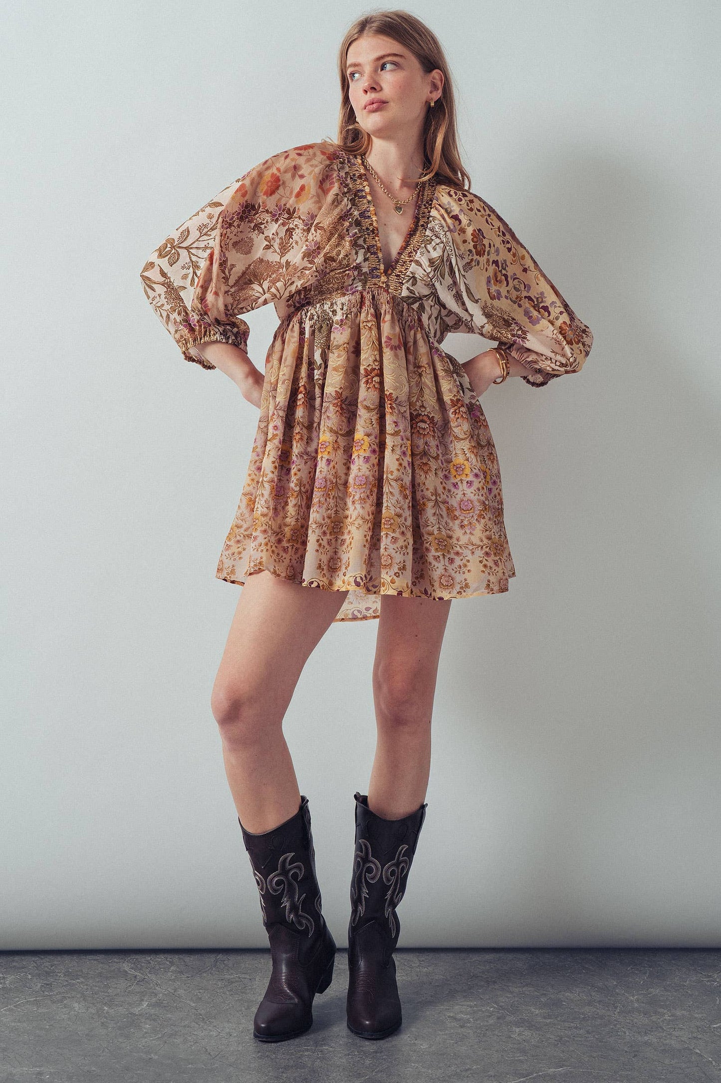 Mixed-Print Boho Smocked Waist Mini Dress