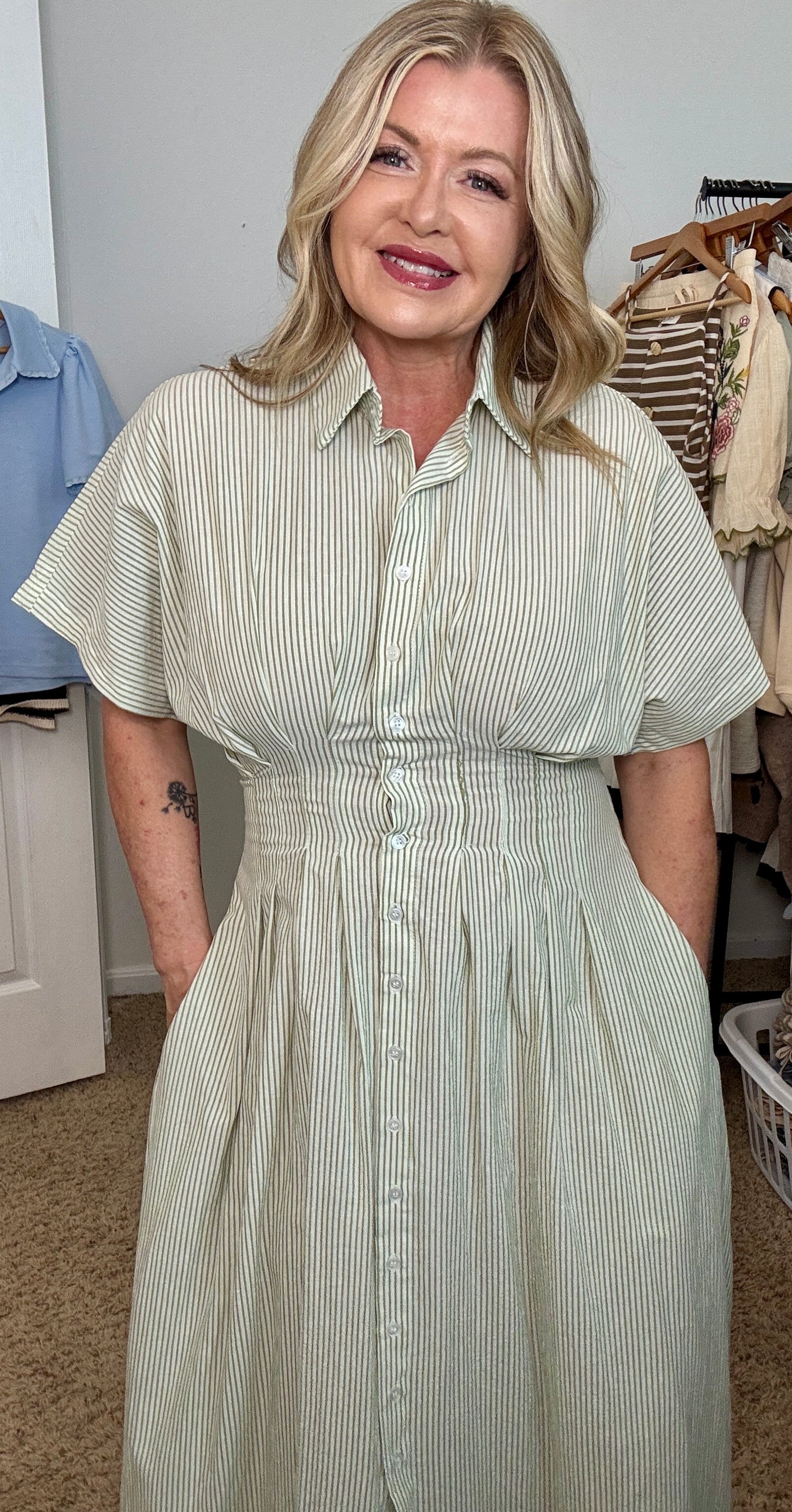 Woven Cotton Polyester Striped Pleated Flare Dress
