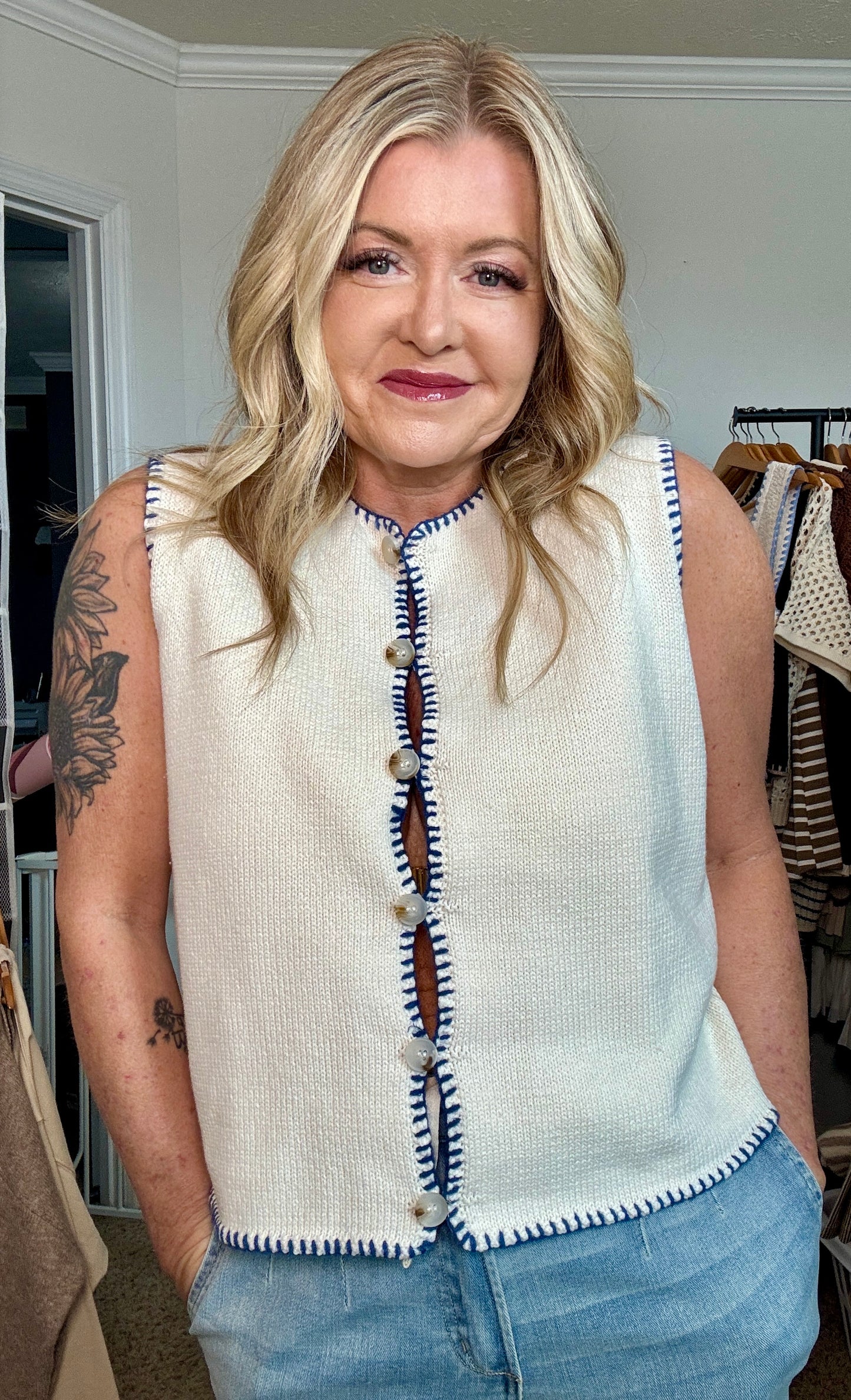 Stitch Detail Button Up Sweater Vest