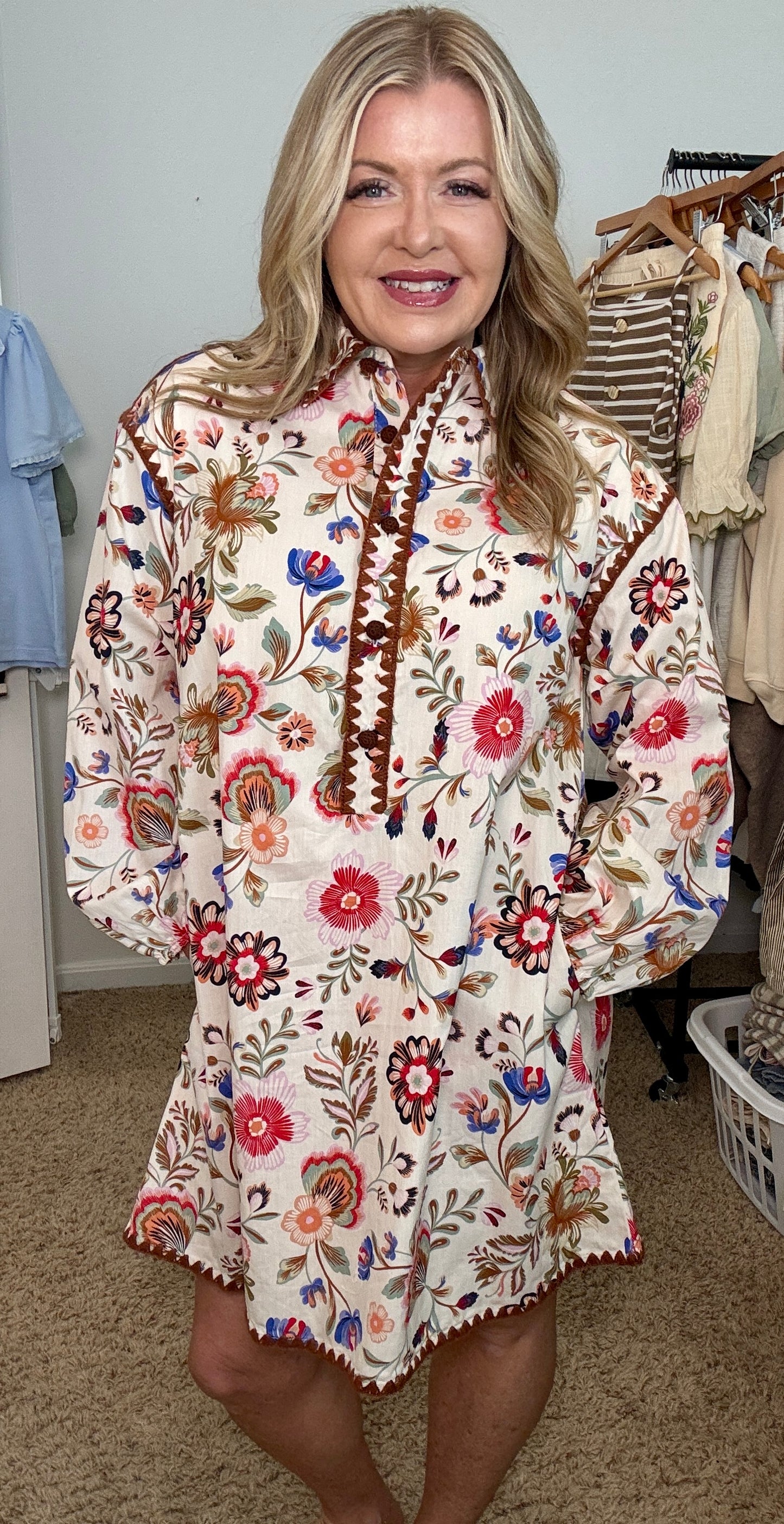 Blanket Stitch Button Down Mini Dress