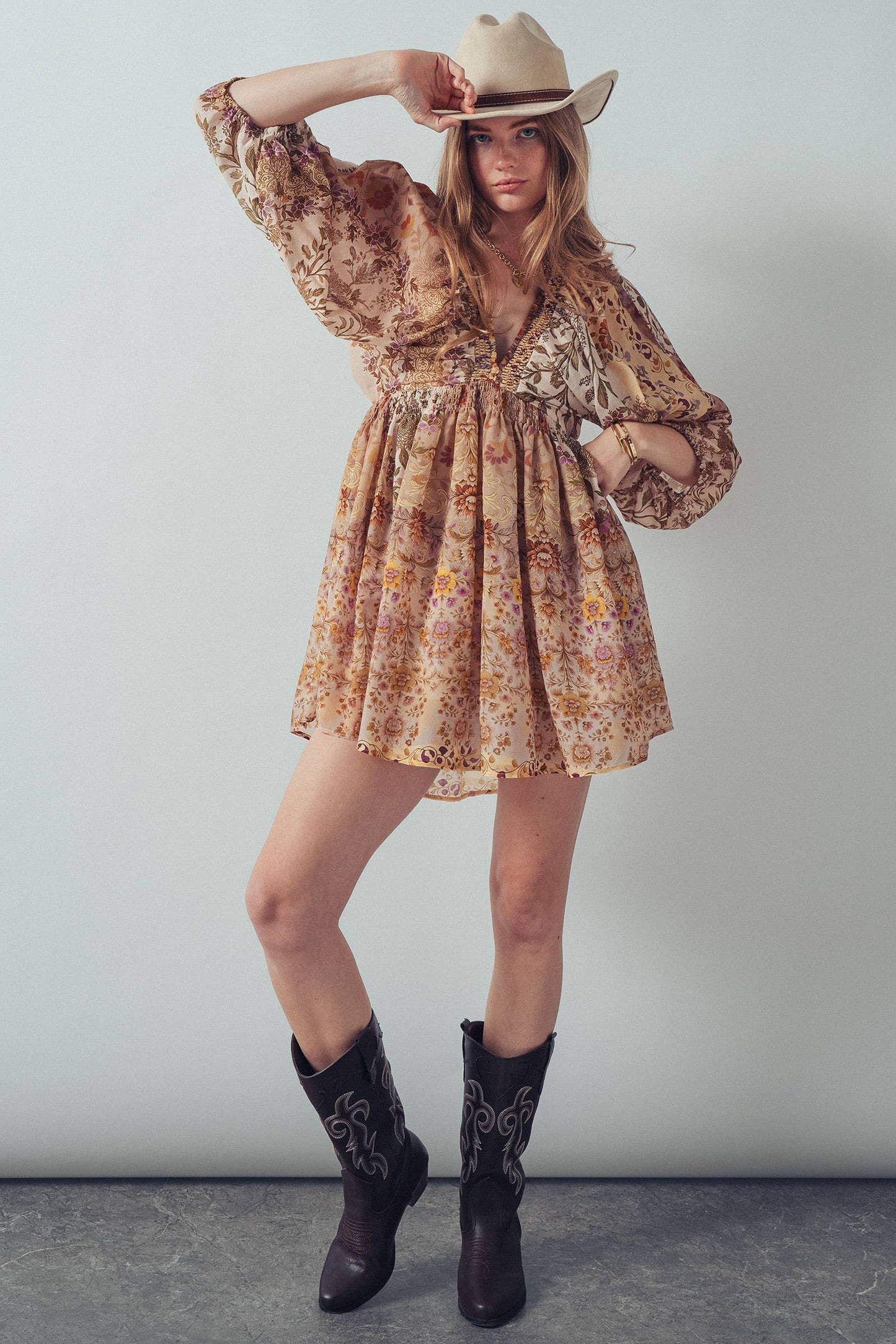 Mixed-Print Boho Smocked Waist Mini Dress