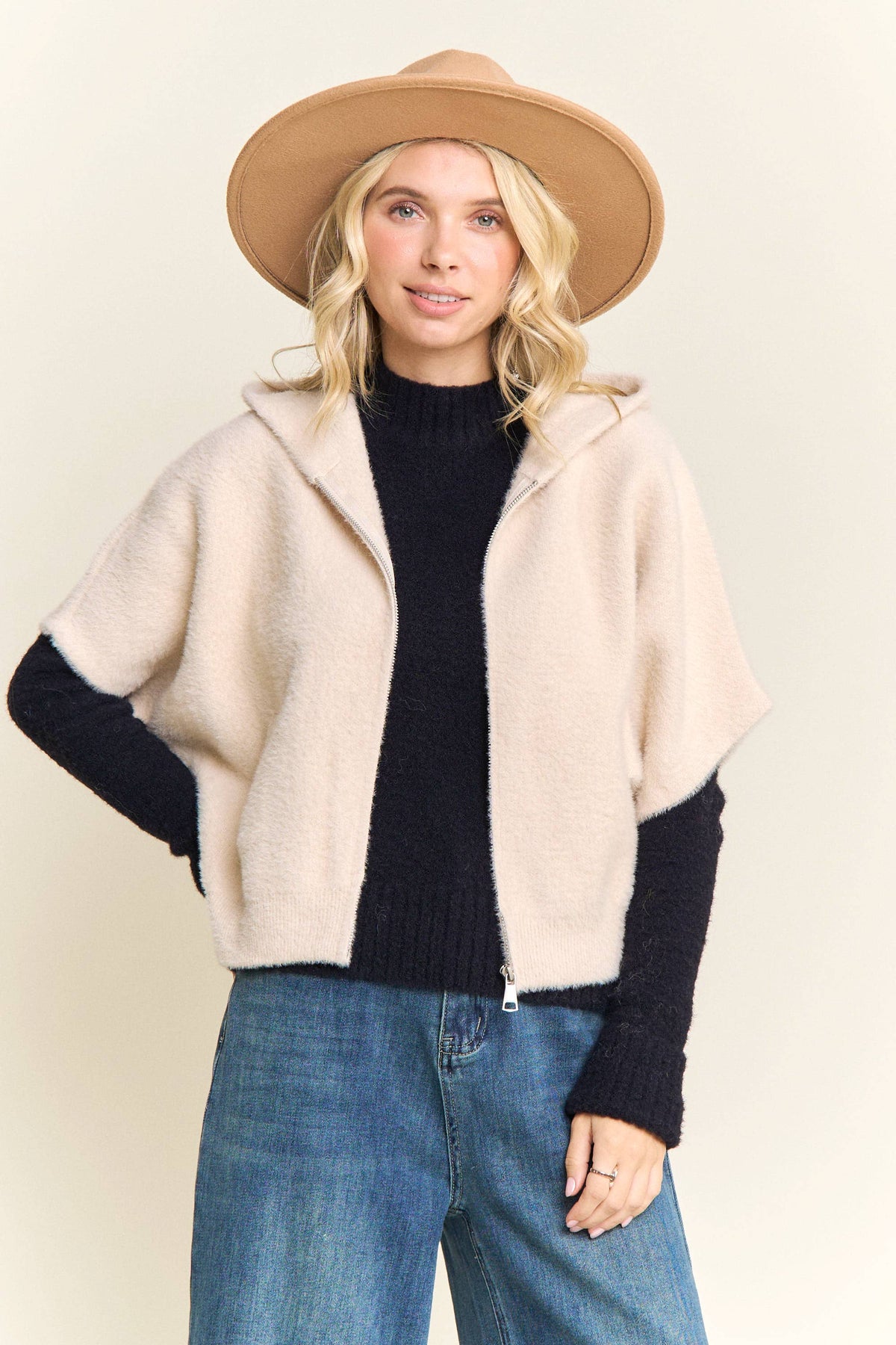 Short Sleeve Hooded Zip Up Fuzzy Sweater