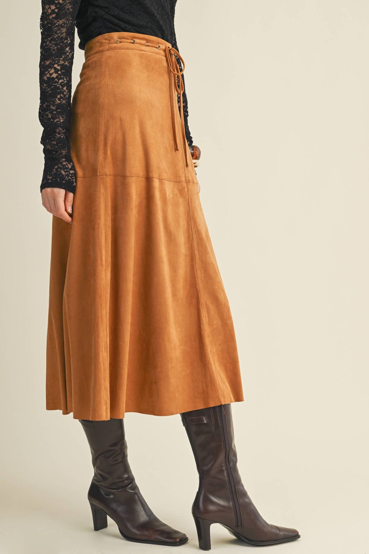 Drawstring Waist Sueded A-Line Skirt