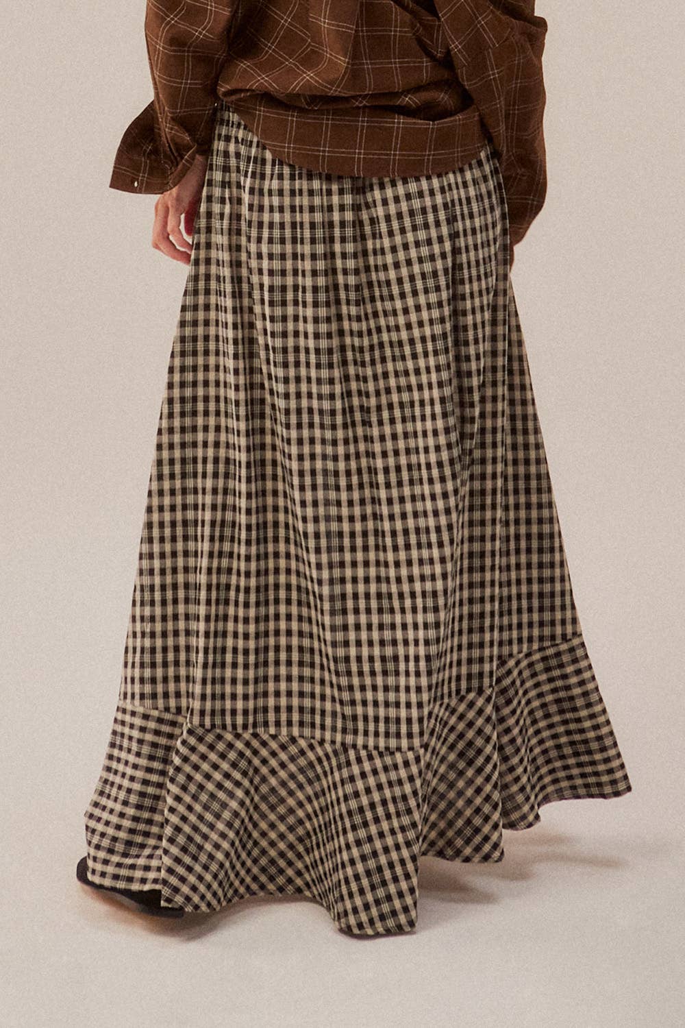 Woven Plaid Button-Front Ruffle-Hem Drawstring Maxi Skirt