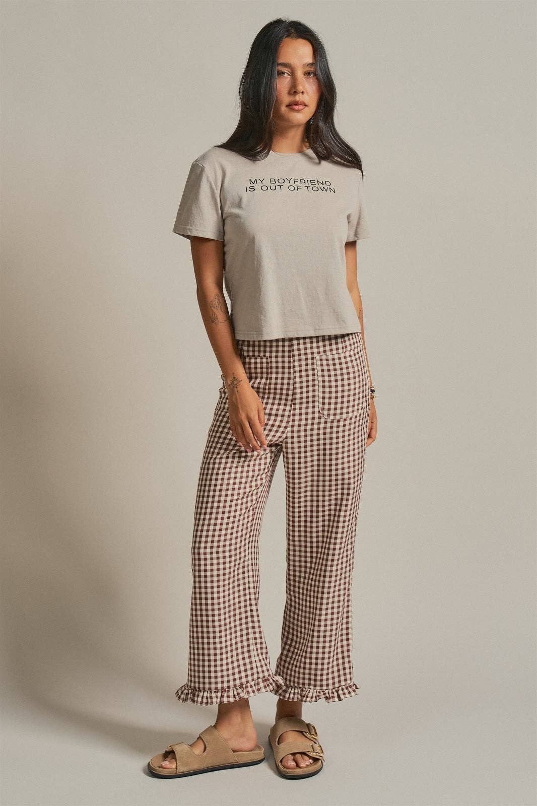 Gingham Ruffle Hem Cropped Wide Leg Pants