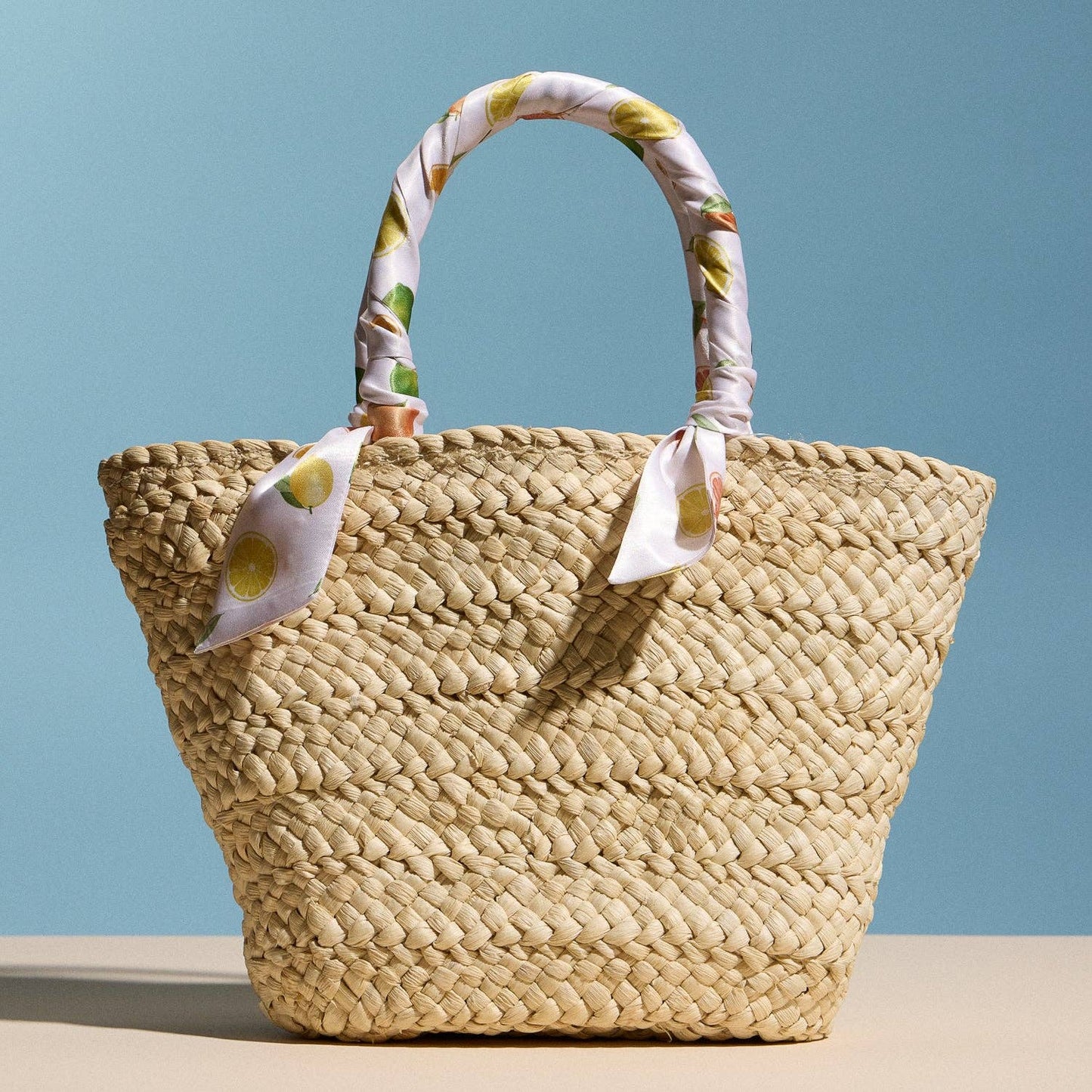 Woven Raffia Mini Tote Bag with Lemon Scarf Handles and Lining