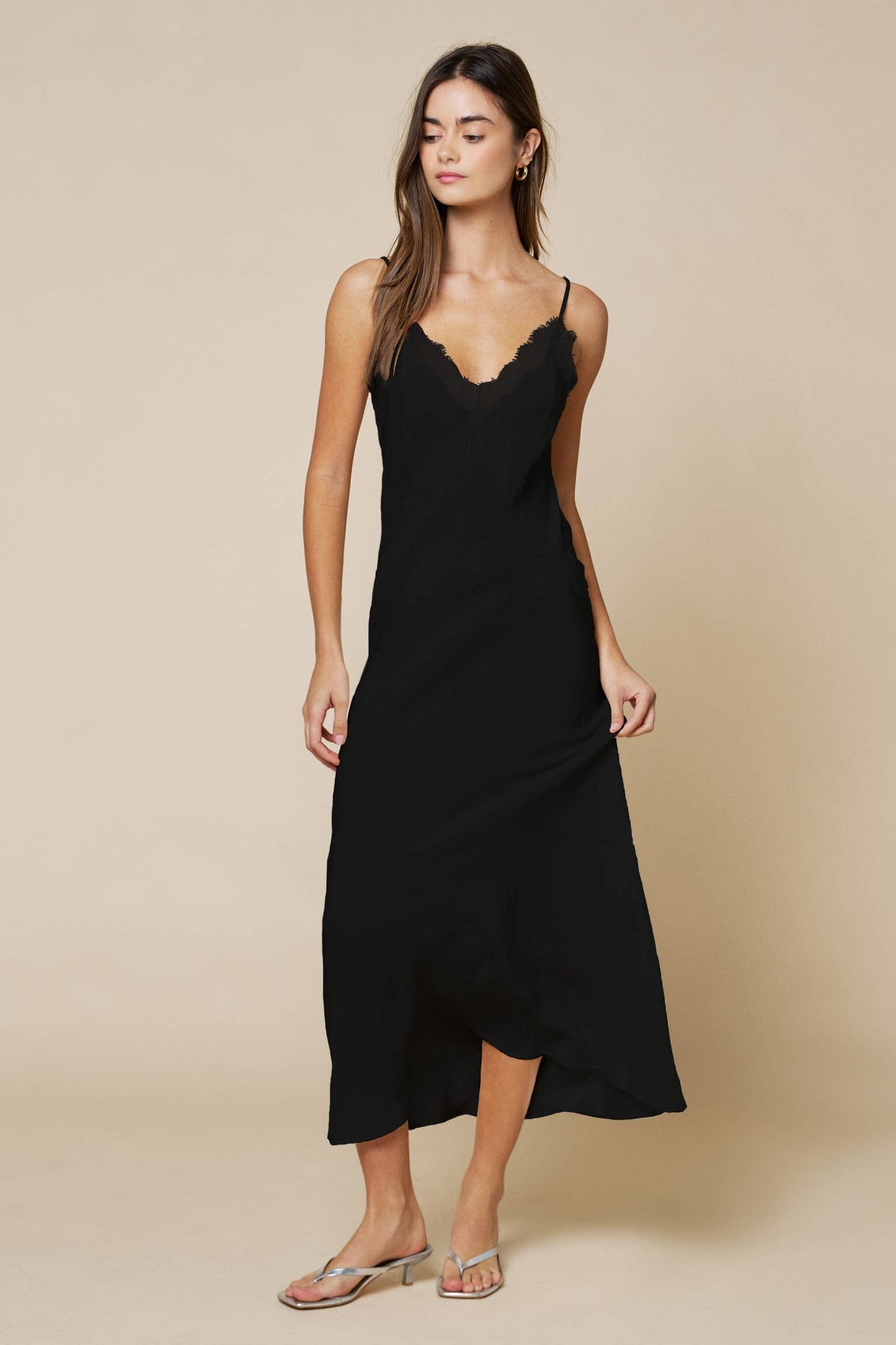 Lace Contrast V Neck Maxi Slip Dress
