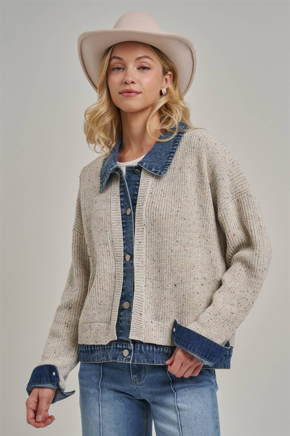 Sweater Jacket with Denim Trim