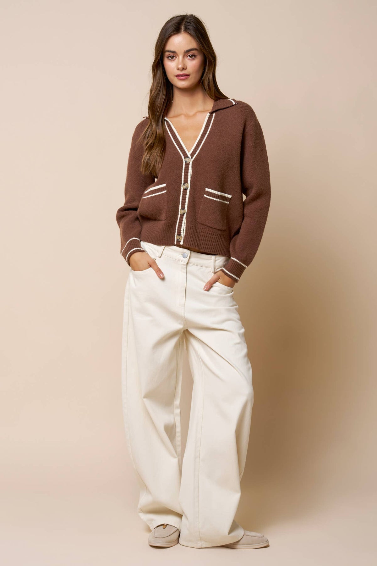 Stripe Hem V Neck Button Down Cardigan