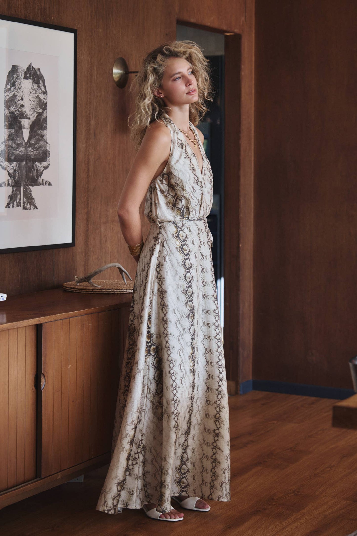 Snake Print Tencel Linen Halter Maxi Dress