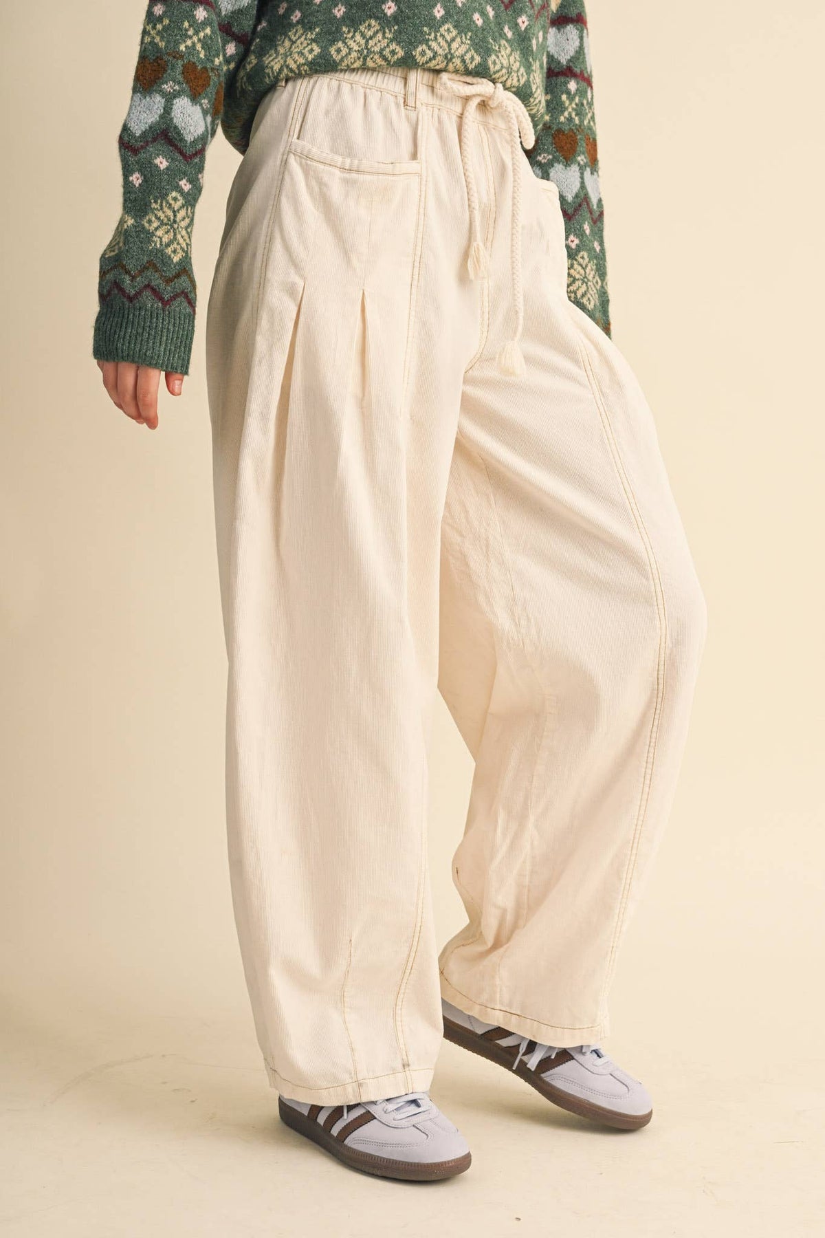 Washed Corduroy Pleated Barrel Pants