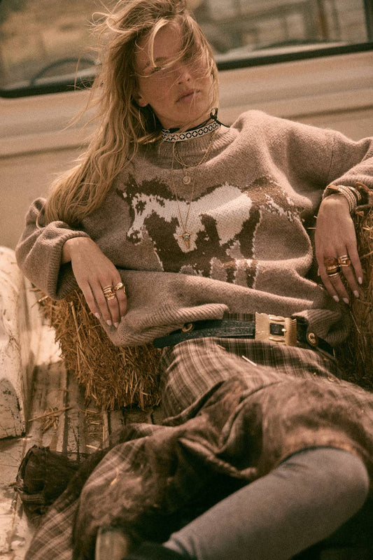 Horse Jacquard-Knit Loose-Fit Drop-Shoulder Sweater