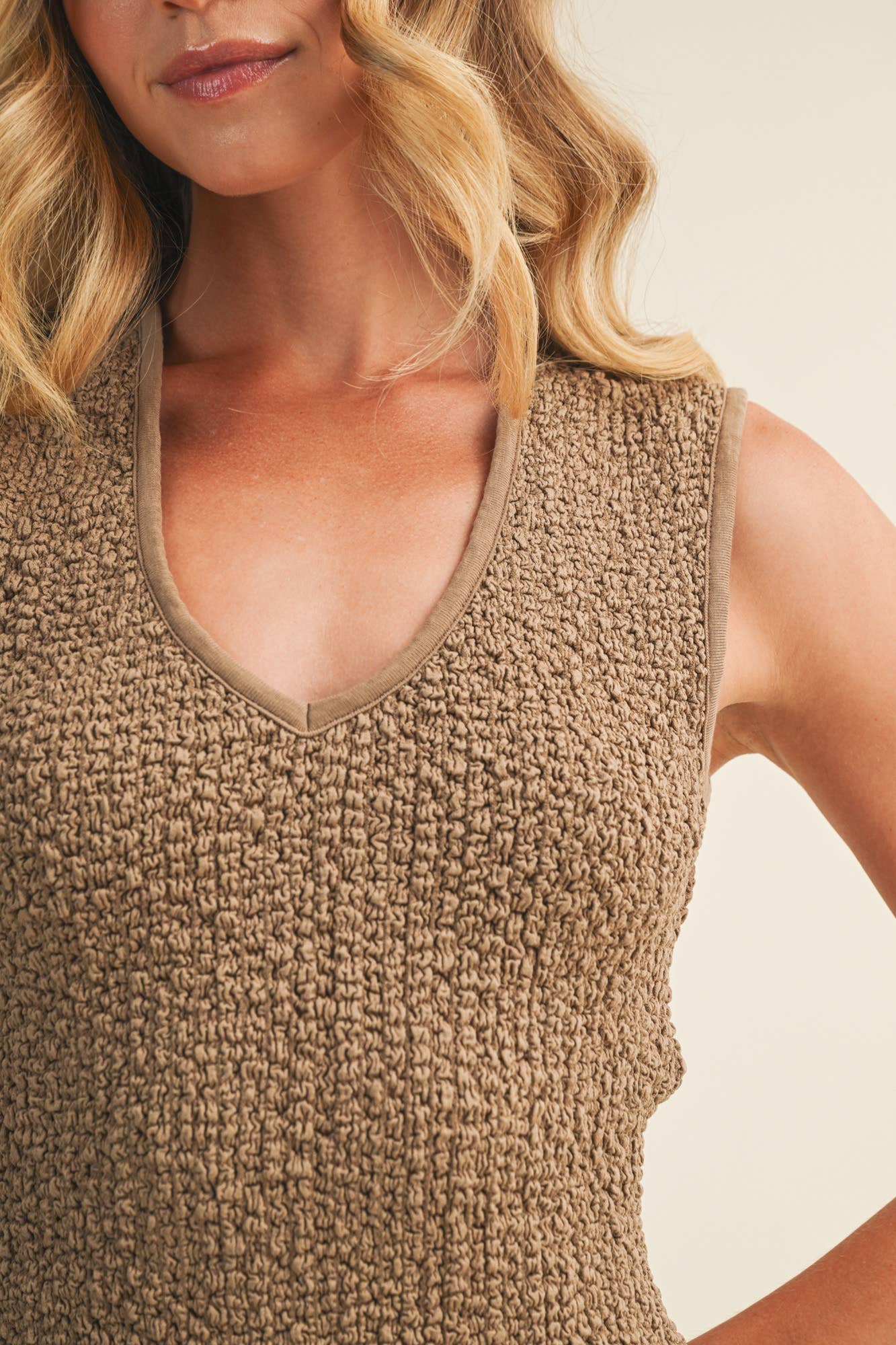 Rib-Trimmed Textured Popcorn Knit Top