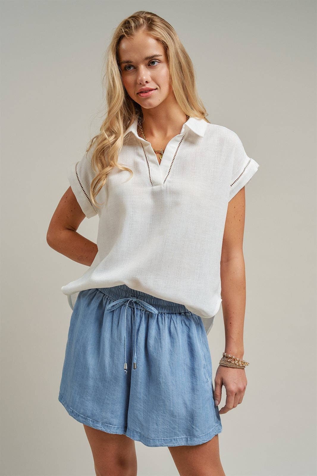 Linen-Inspired Ladder Trim Polo Top