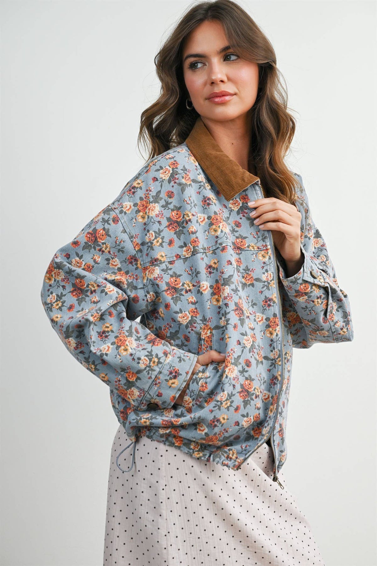 Floral Print Corduroy Collar Jacket