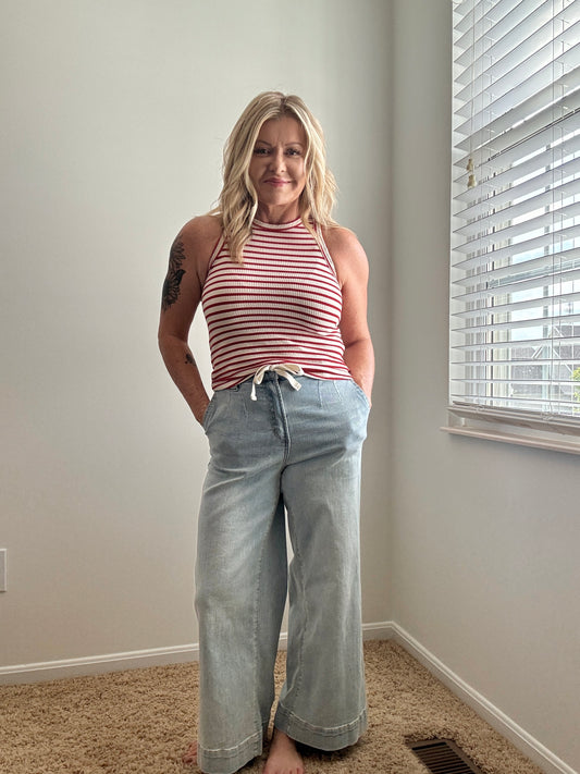 Washed Denim Pant With Tie Front