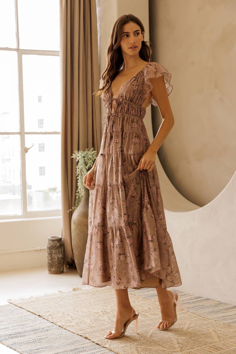 Floral Tie Front Tiered A-line Dress