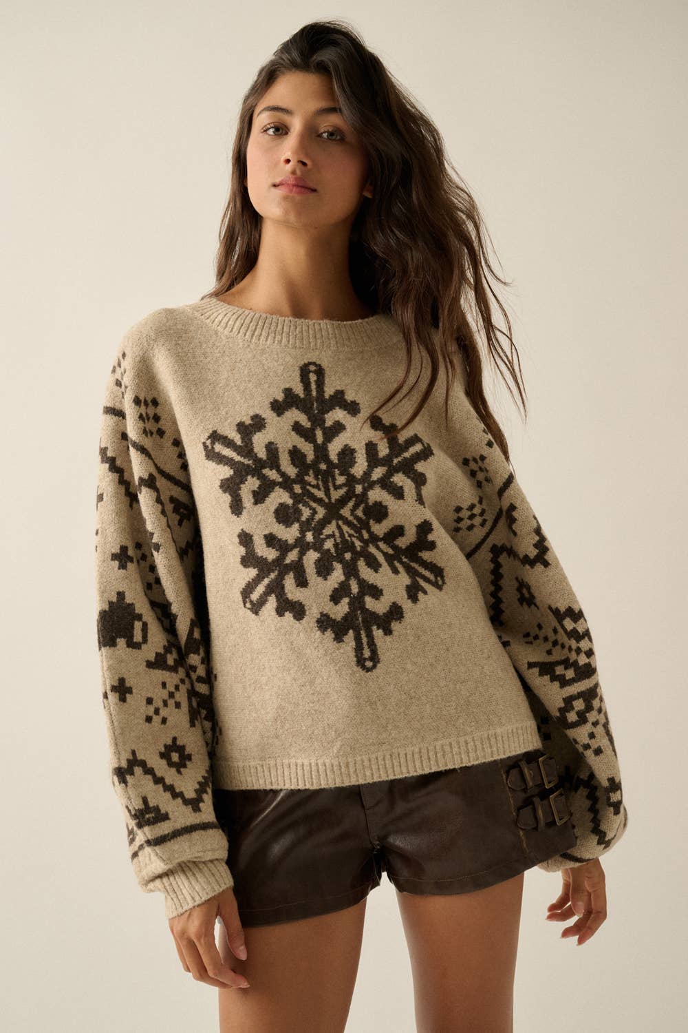 Snowflake Nordic Jacquard-Knit Dolman-Sleeve Sweater- Red and Sand